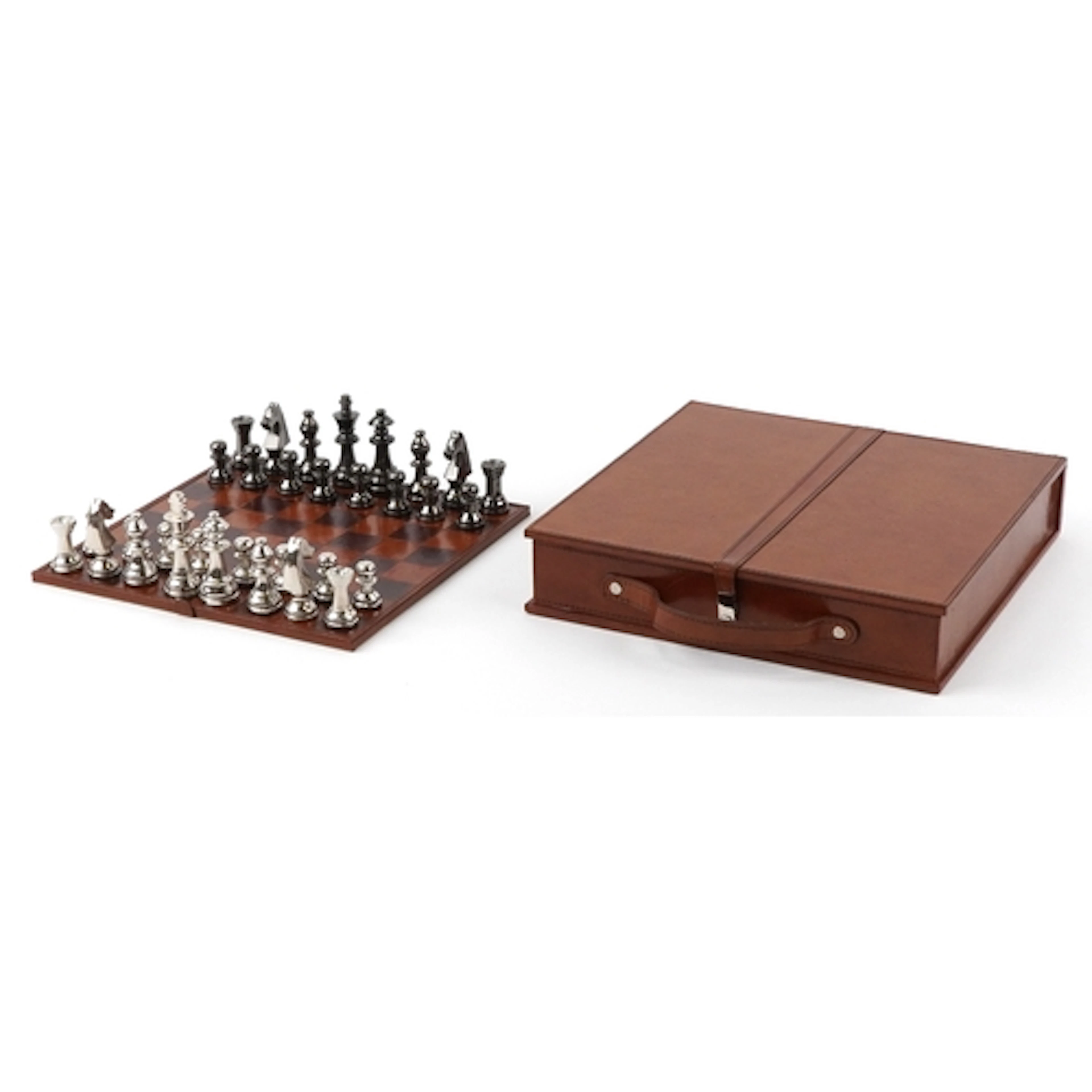 Polished metal chess set with suede interior, 7cm H x 33cm W...