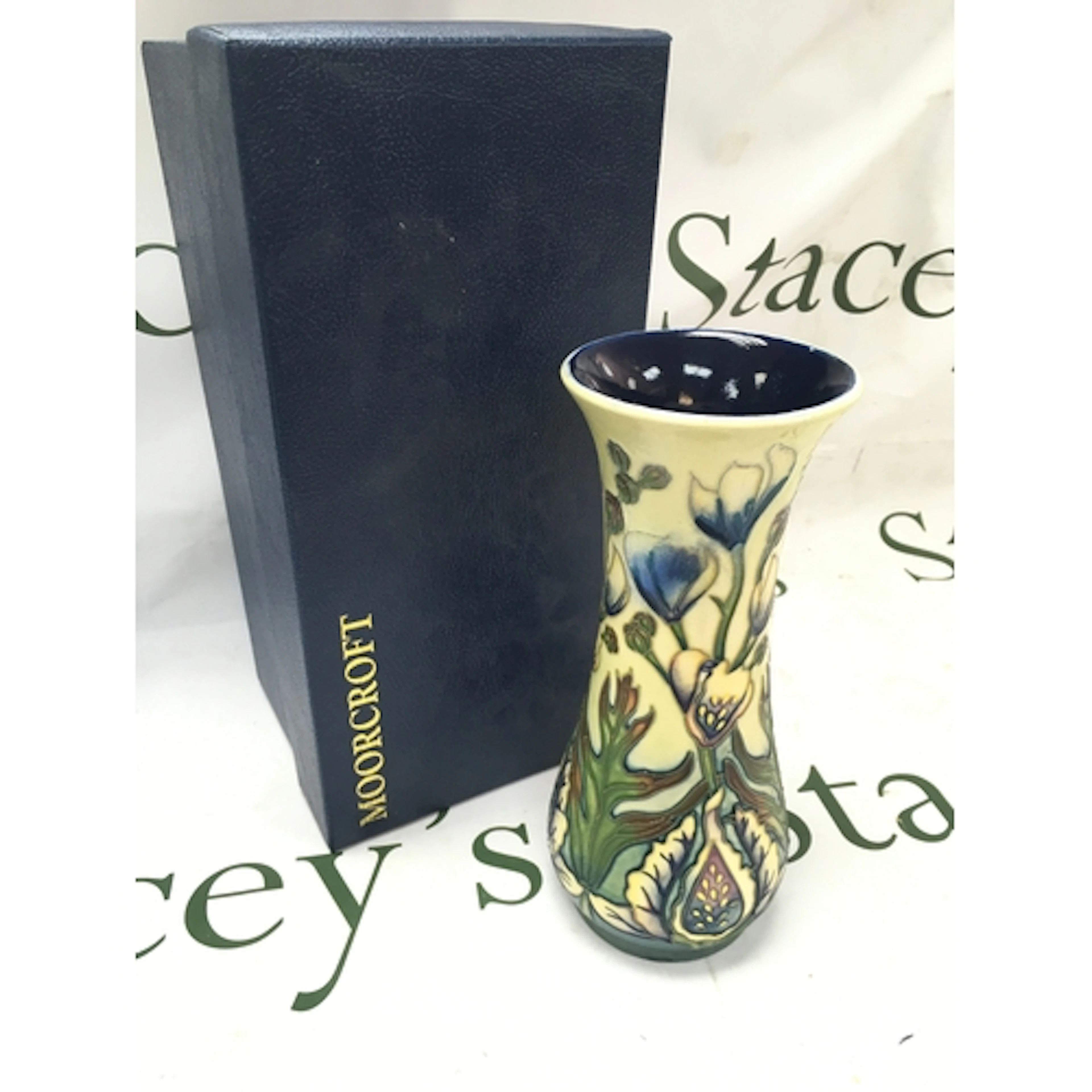 A small boxed Moorcroft Lamia vase 21cm tall. 99 JB. Crazing...