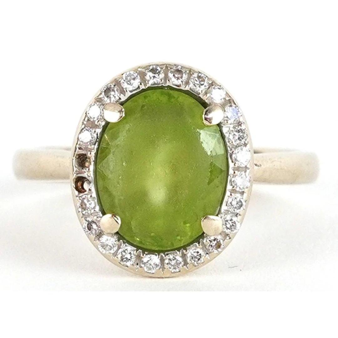 18ct white gold green stone and diamond cluster ring, possib...