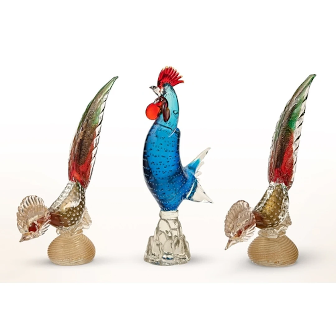 A pair of Venetian glass pheasants and a Murano glass cocker...