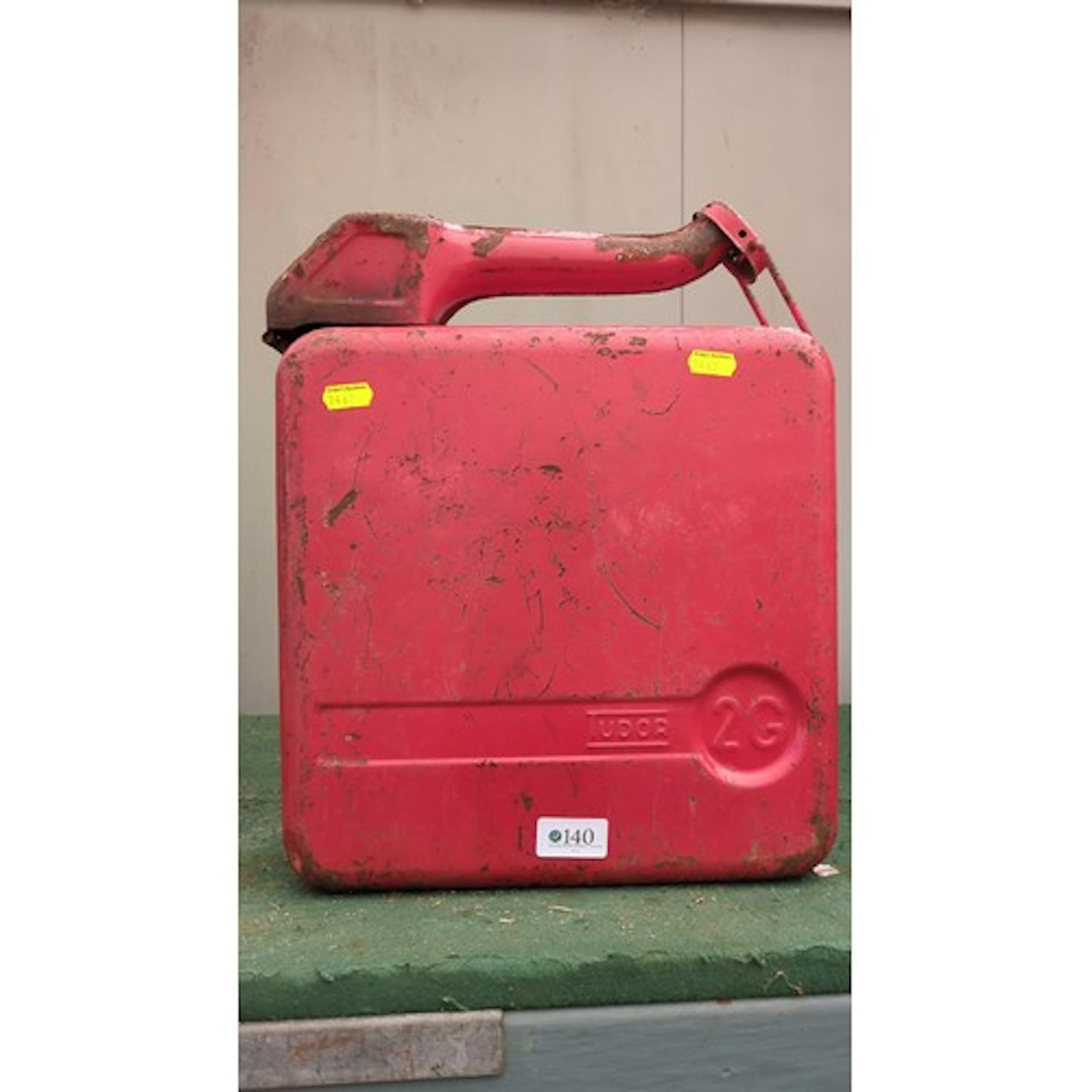 Tudor 2G pressed steel petrol canister, in red-painted finis...
