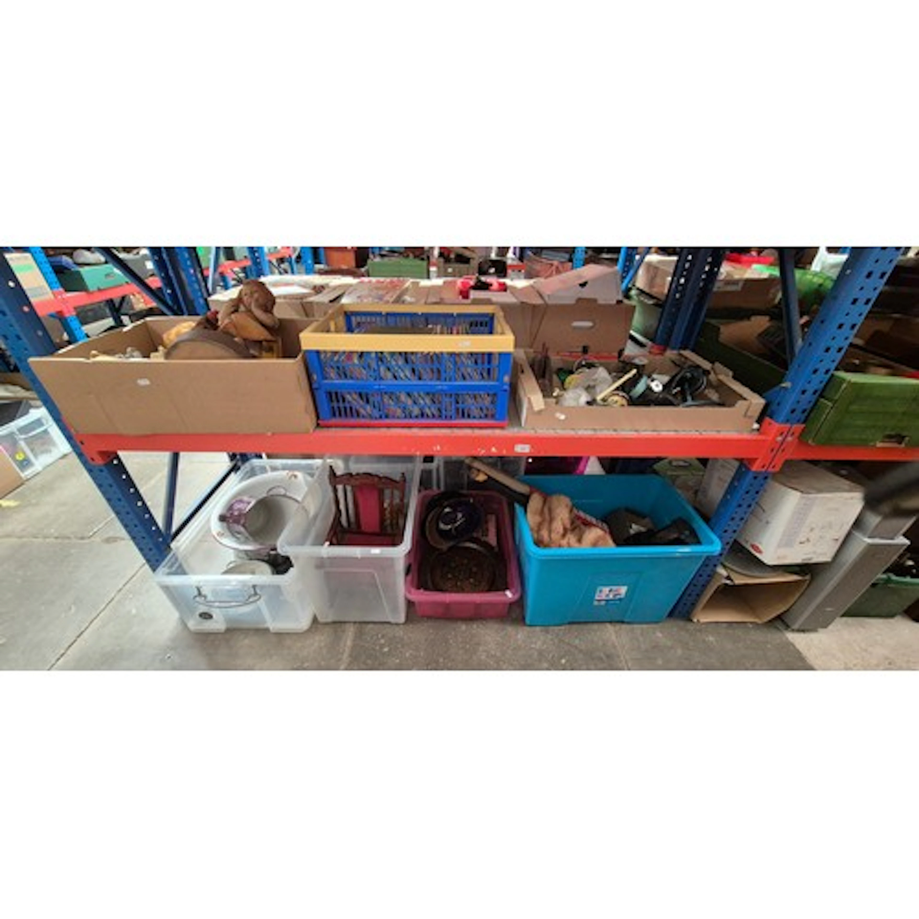 7 boxes on 2 shelves including a box of fishing reels, box o...