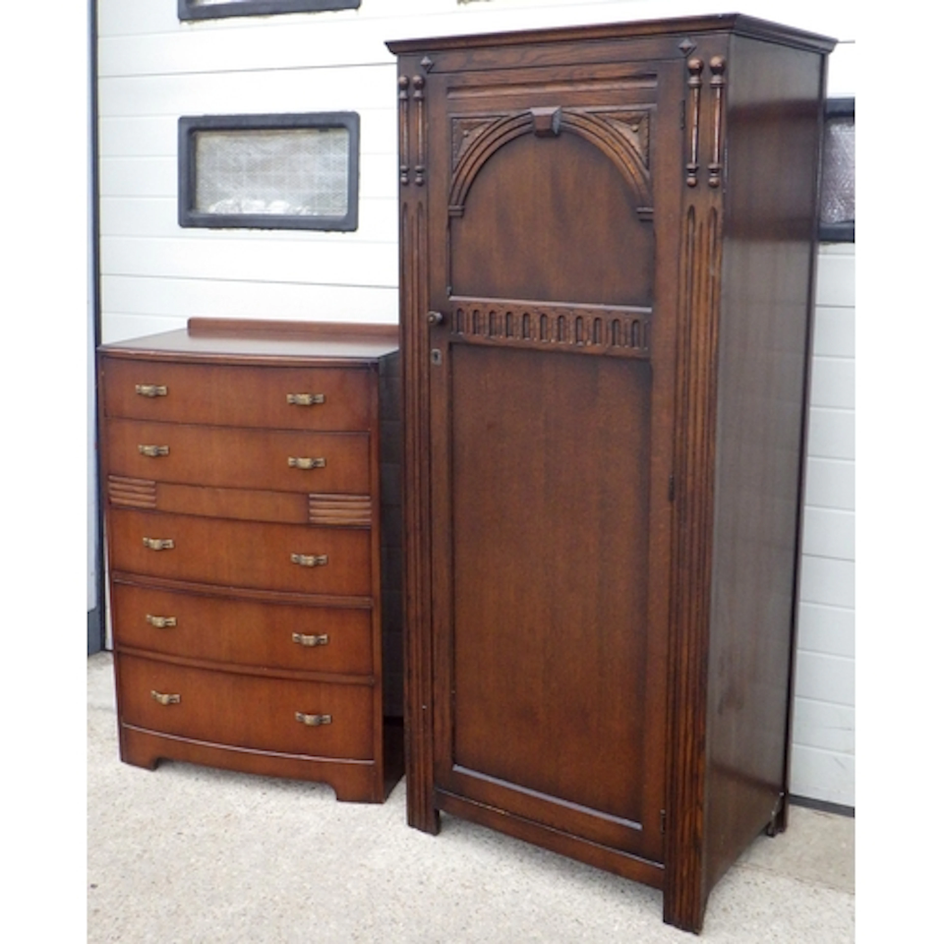 An oak/ply hall wardrobe together with a bowfronted chest of...