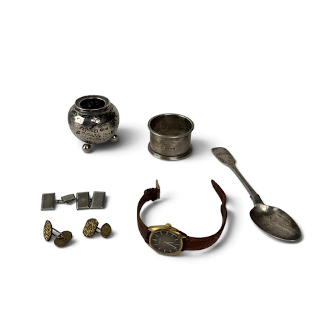 A SILVER POT, NAPKIN RING, PAIR OF CUFFLINKS AND TEASPOON To...
