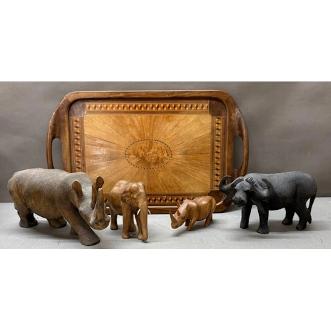 An Edwardian inlaid wooden tray with a selection of wooden a...