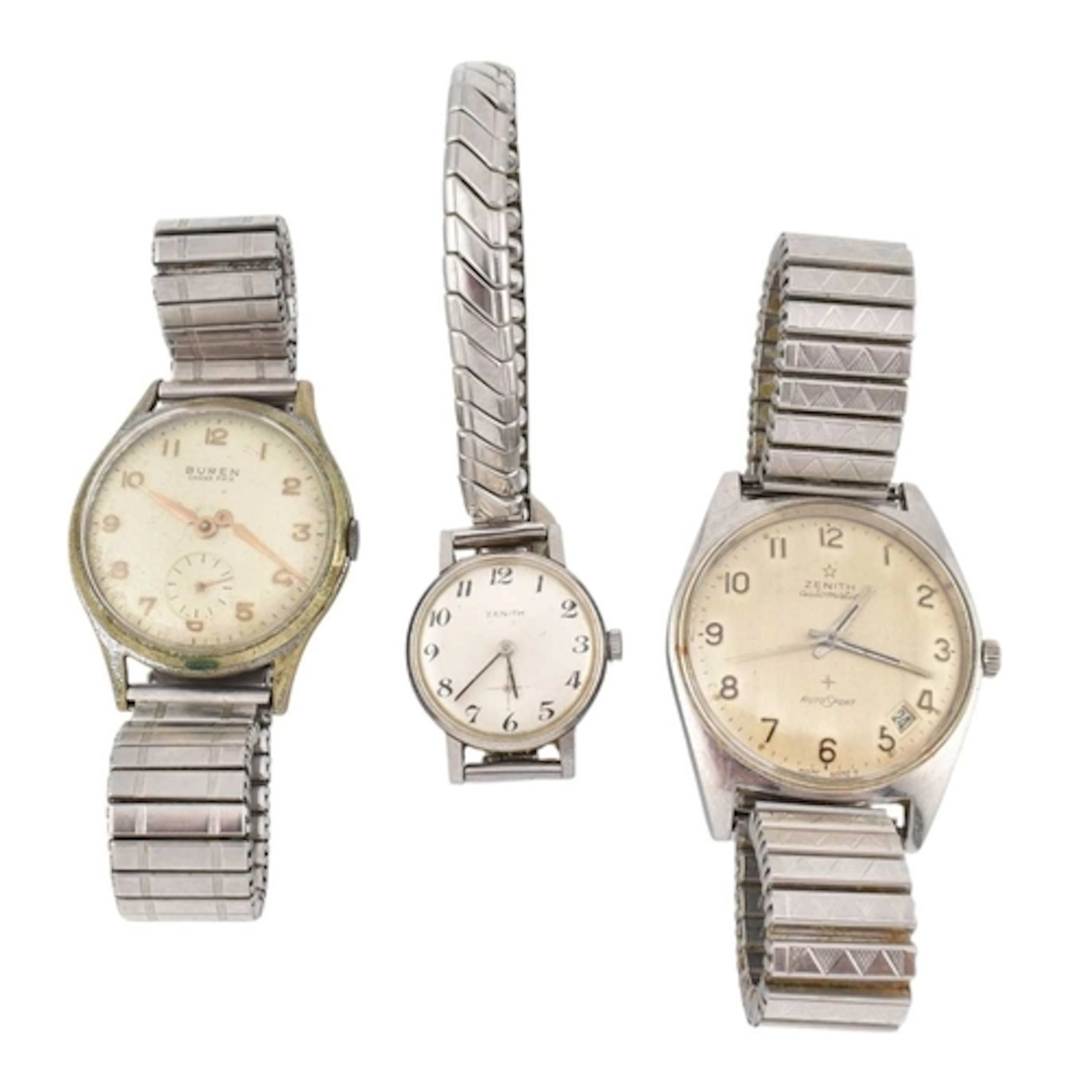 Two Zenith wristwatches and a Buren wristwatch. The Zenith e...