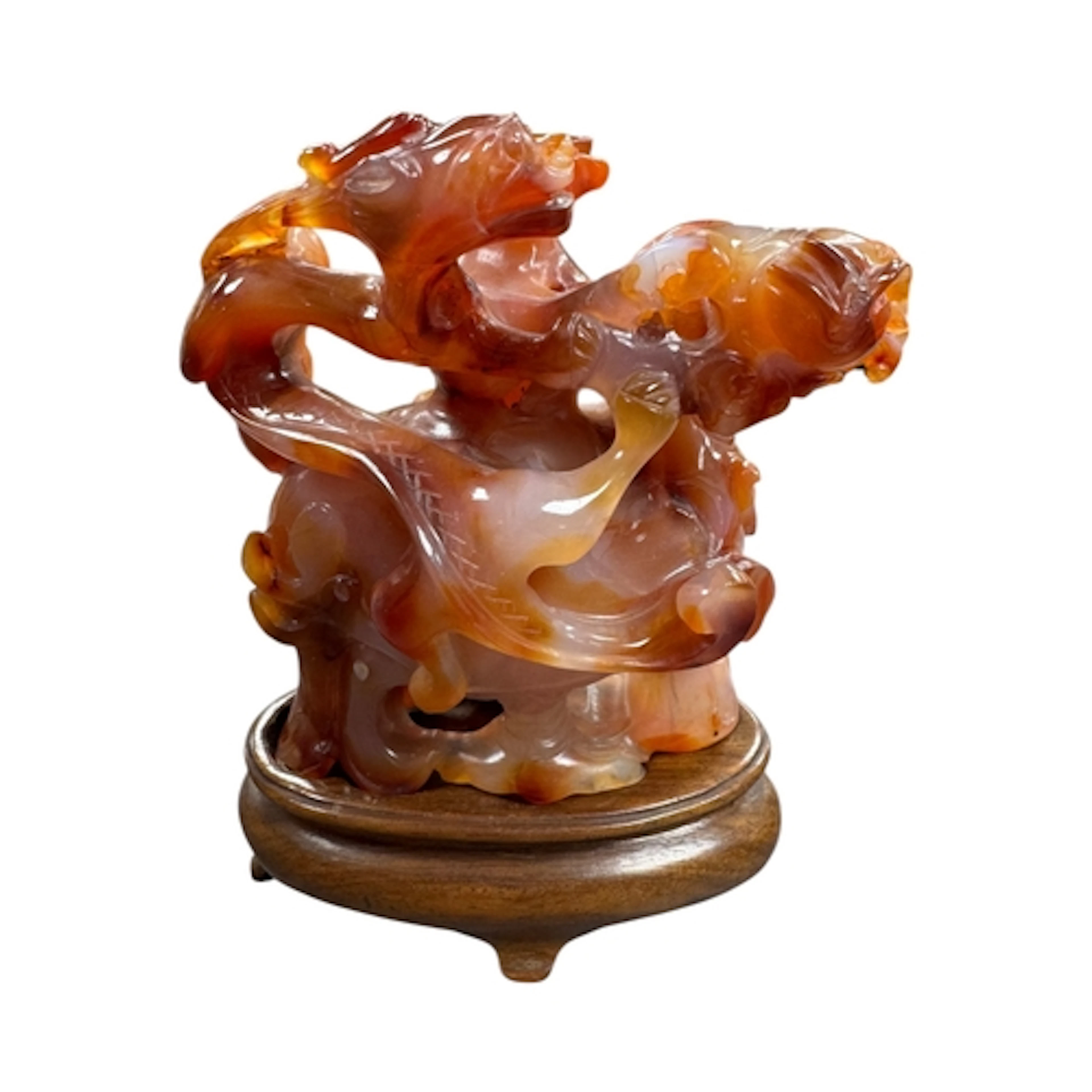 A Chinese chalcedony 'phoenix' vase on stand, 14cm high...