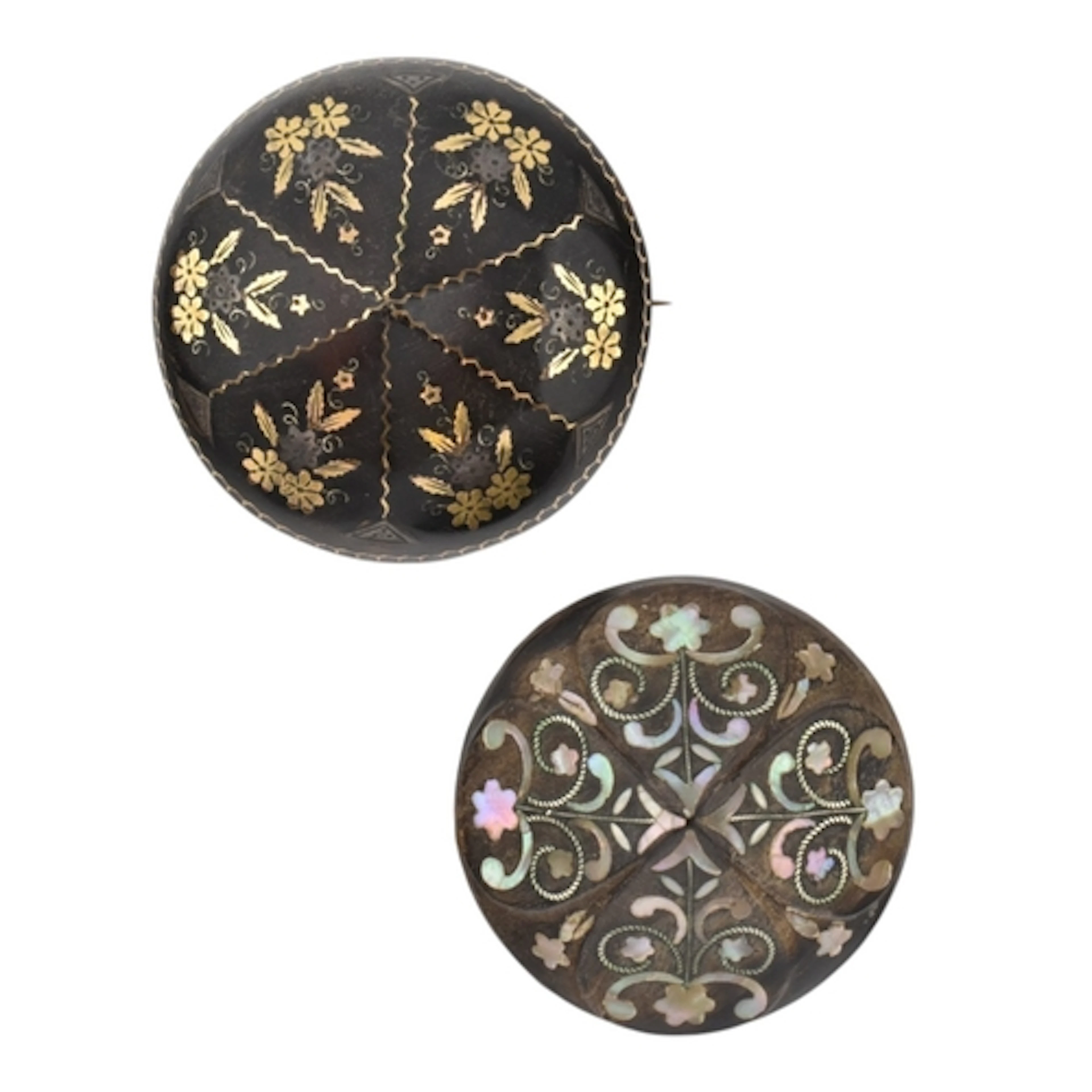 Two Victorian pique work brooch pins with yellow metal and m...