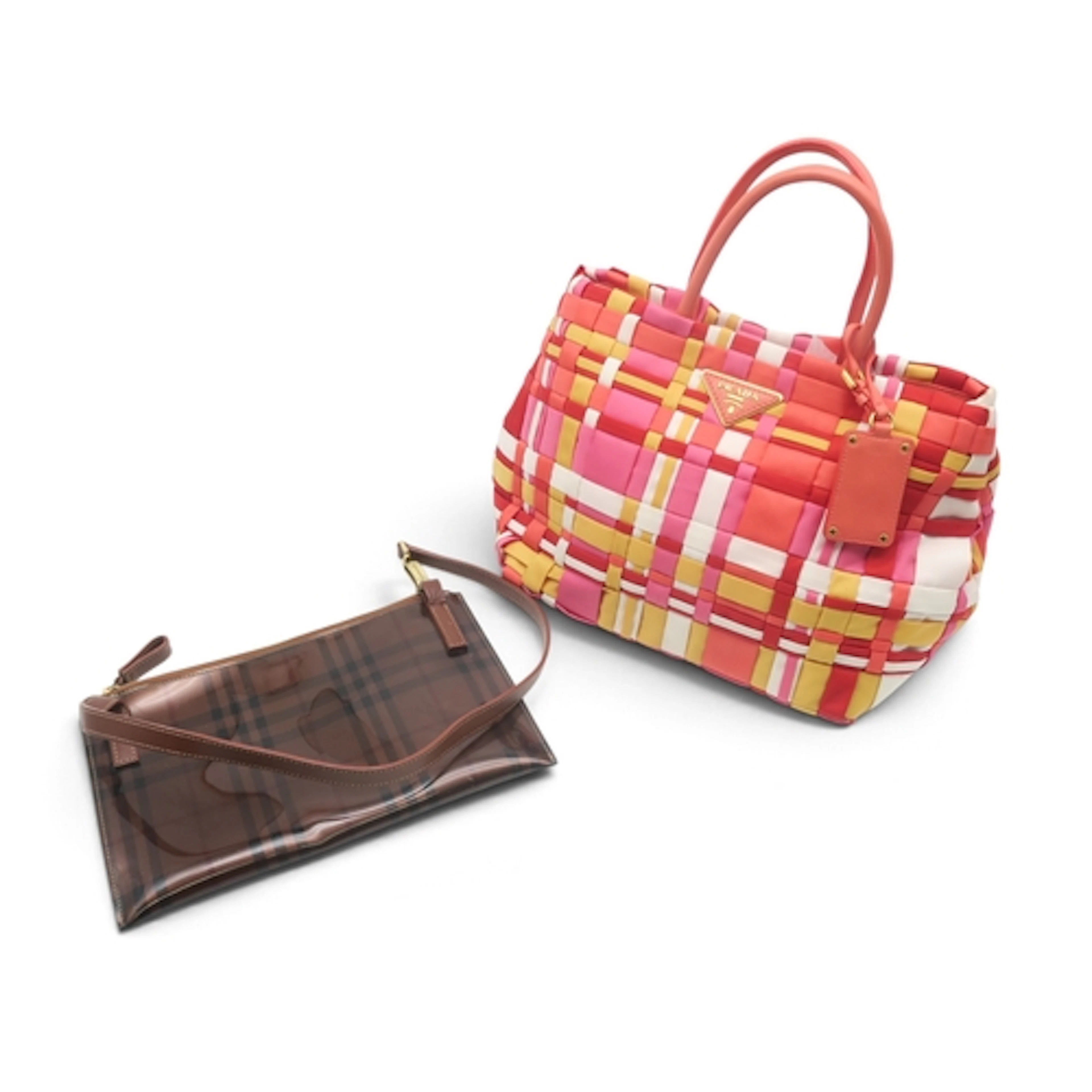 A Prada Tessuto woven nylon tote bag in red, pink, yellow, a...