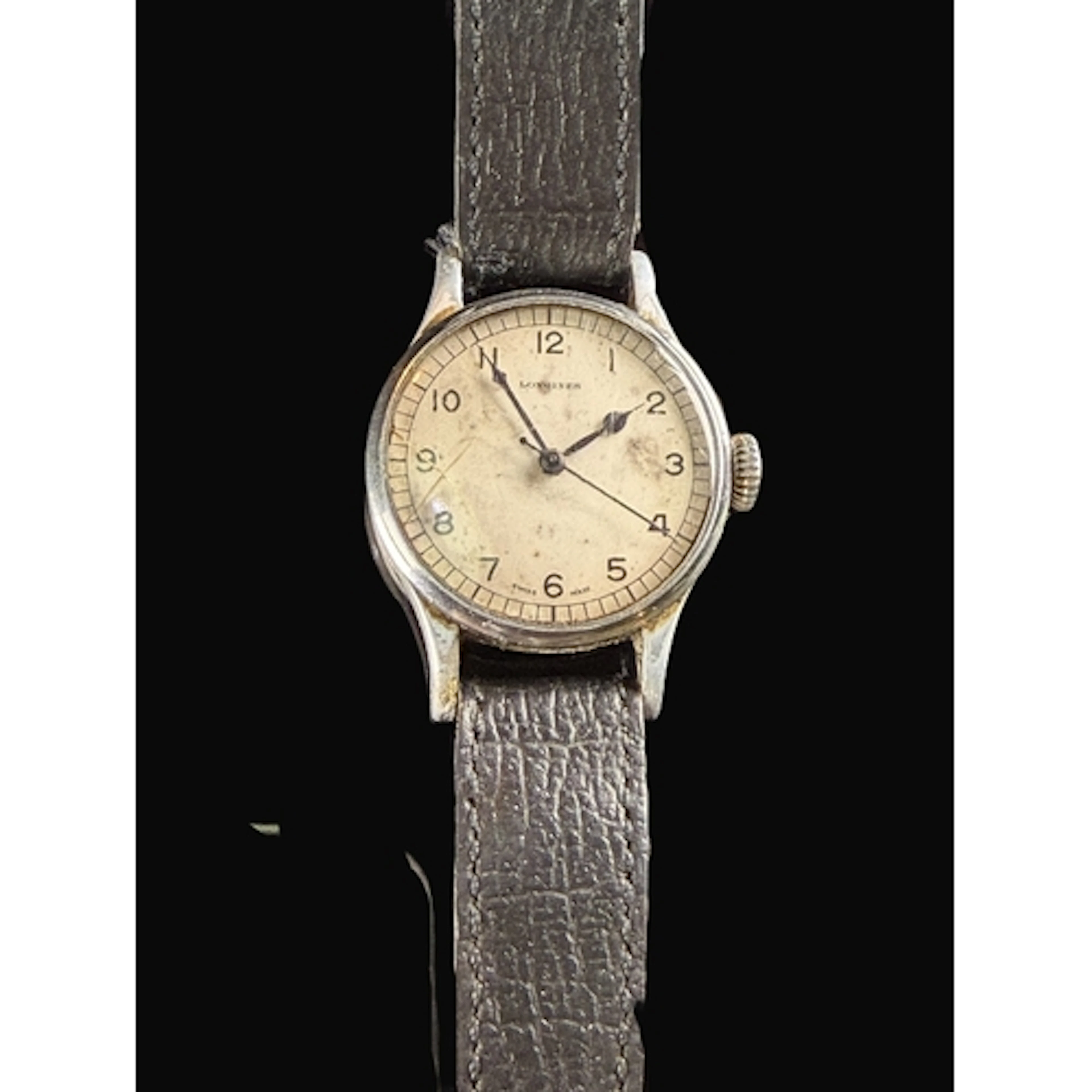 A WWII 1943 Longines RAF Pilot's watch with white face, Arab...