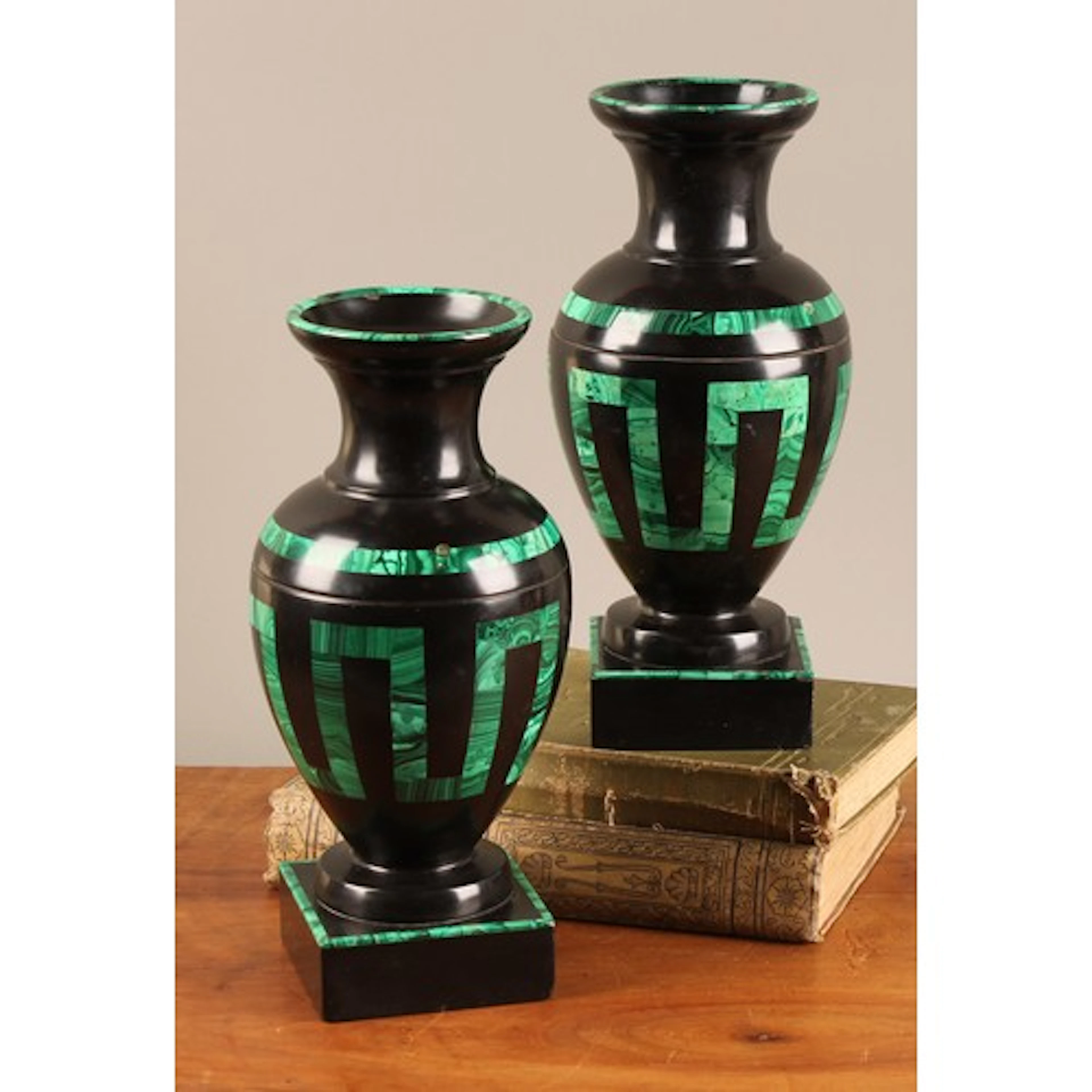 A pair of 19th century Ashford marble and malachite urns, pi...