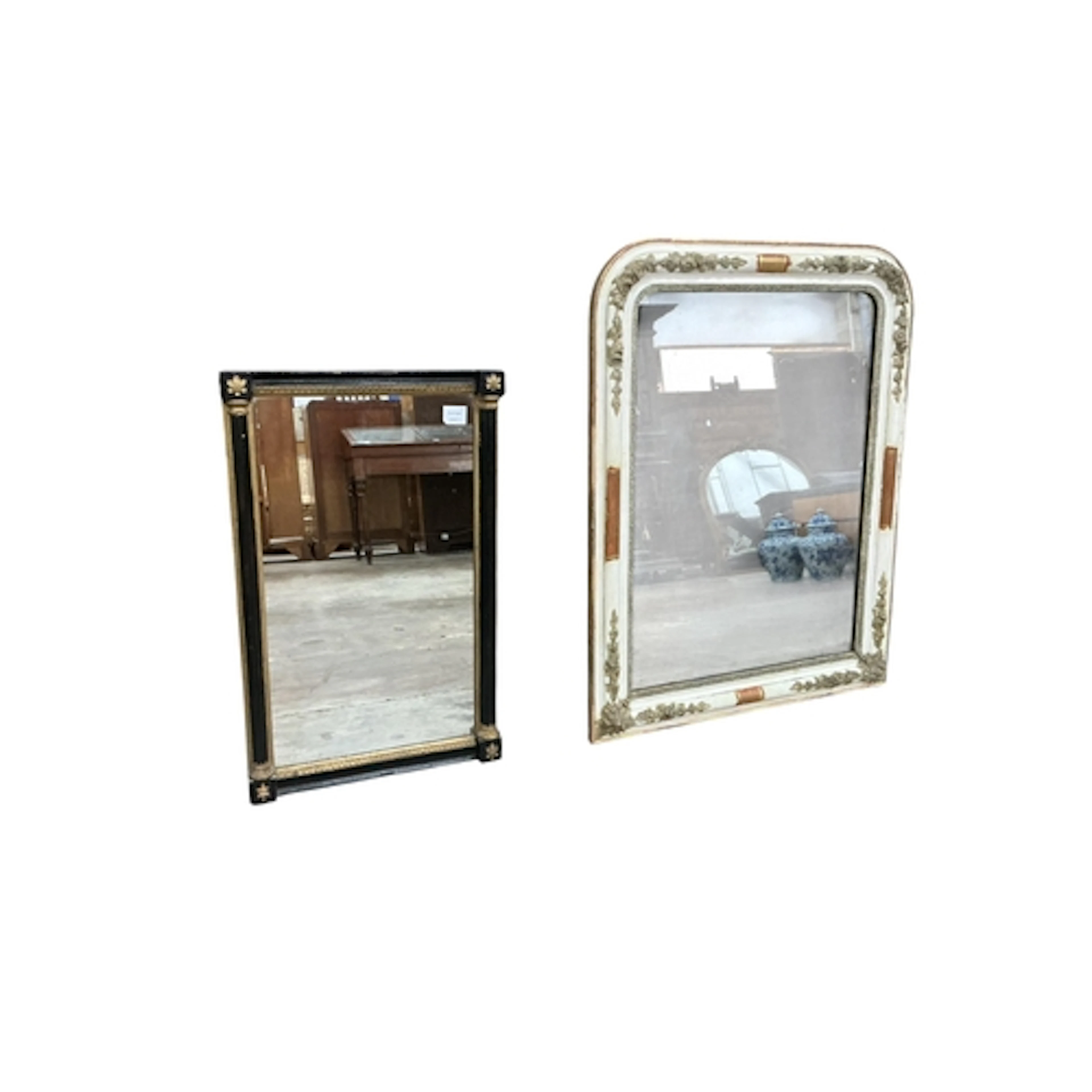A French cream painted mirror and black fluted column mirror...