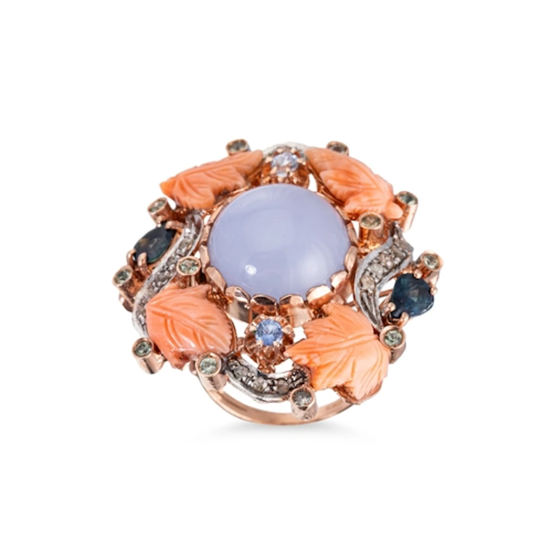 A MULTI GEMSET RING, the central purple gemstone to coral an...