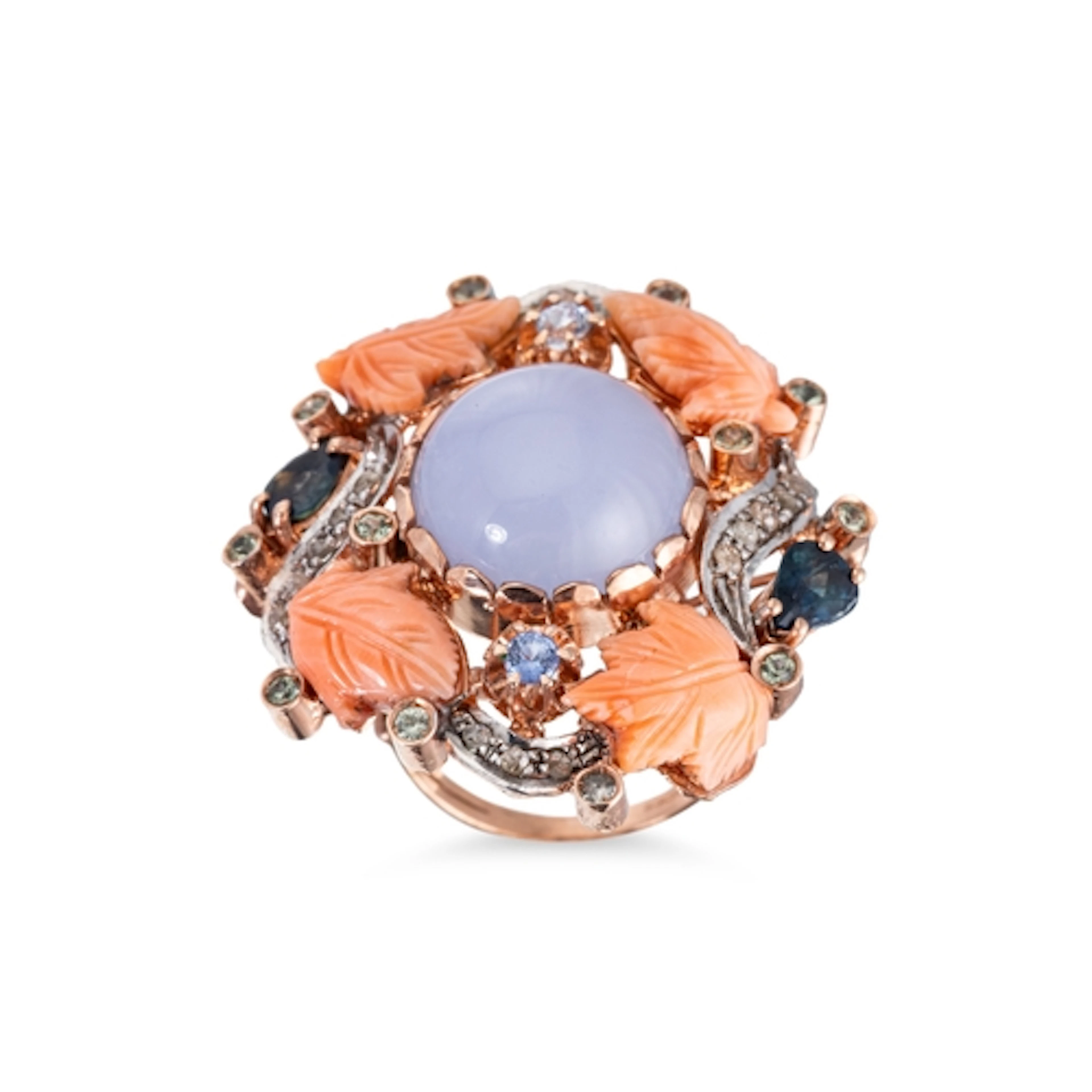 A MULTI GEMSET RING, the central purple gemstone to coral an...