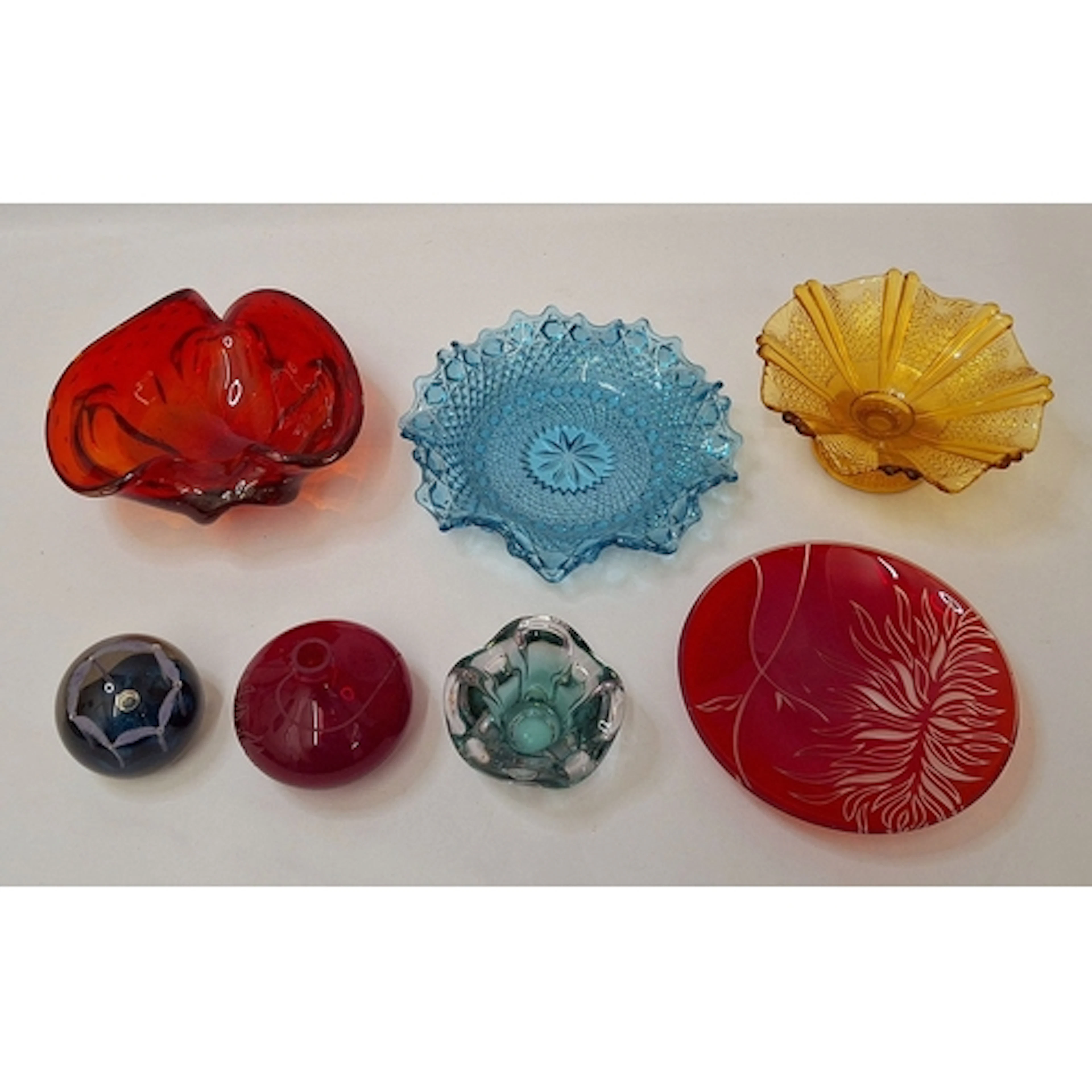 Blue Carnival Glass Frilled Edged Dish, yellow carnival glas...