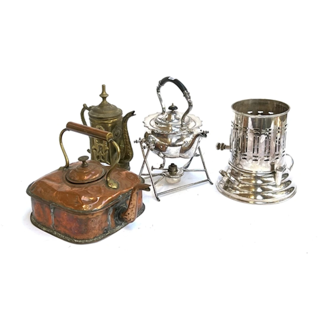 A plated teapot on stand, with burner; a large square copper...