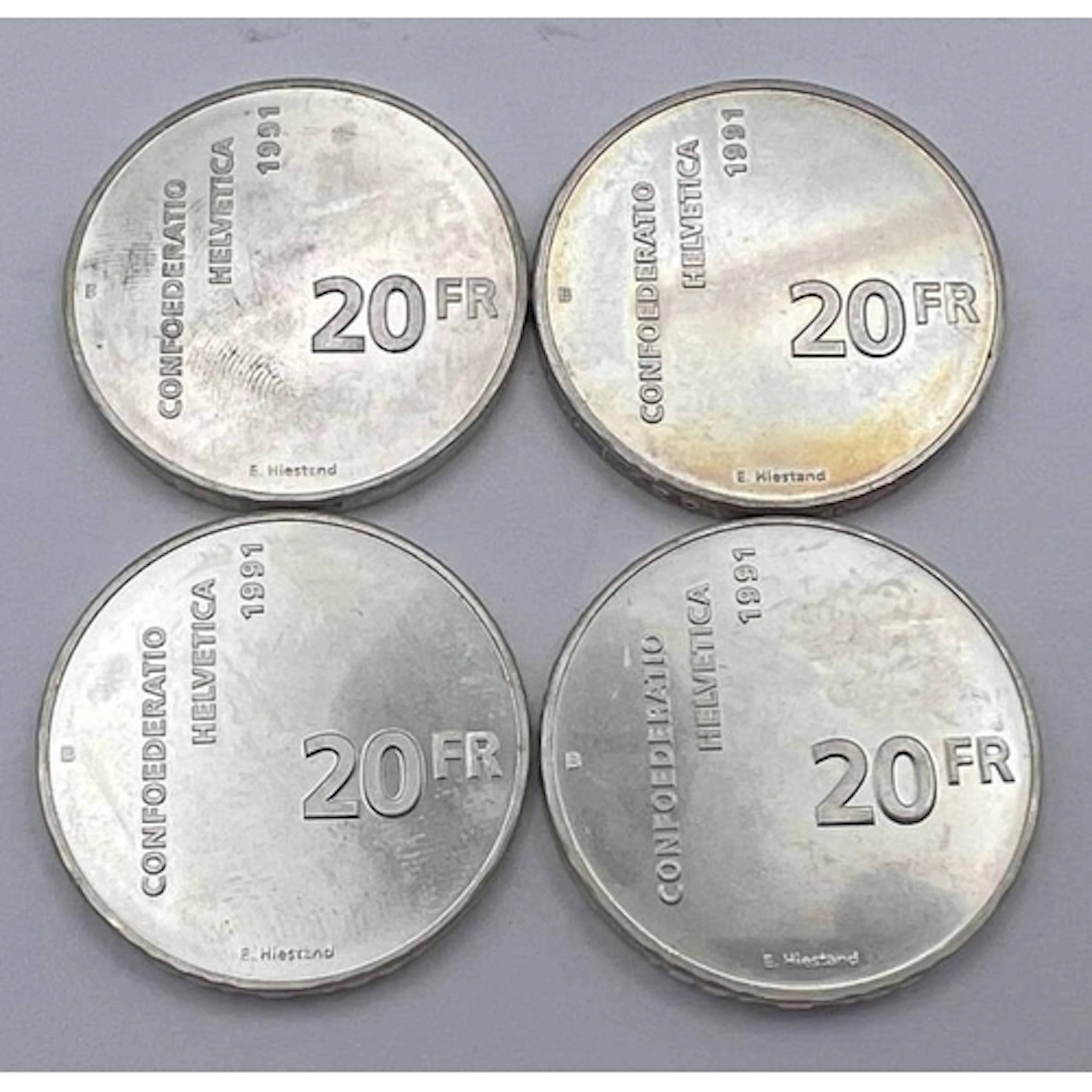 4 X 1991 SWITZERLAND 20 FRANC SILVER COINS CELEBRATING THE 7...