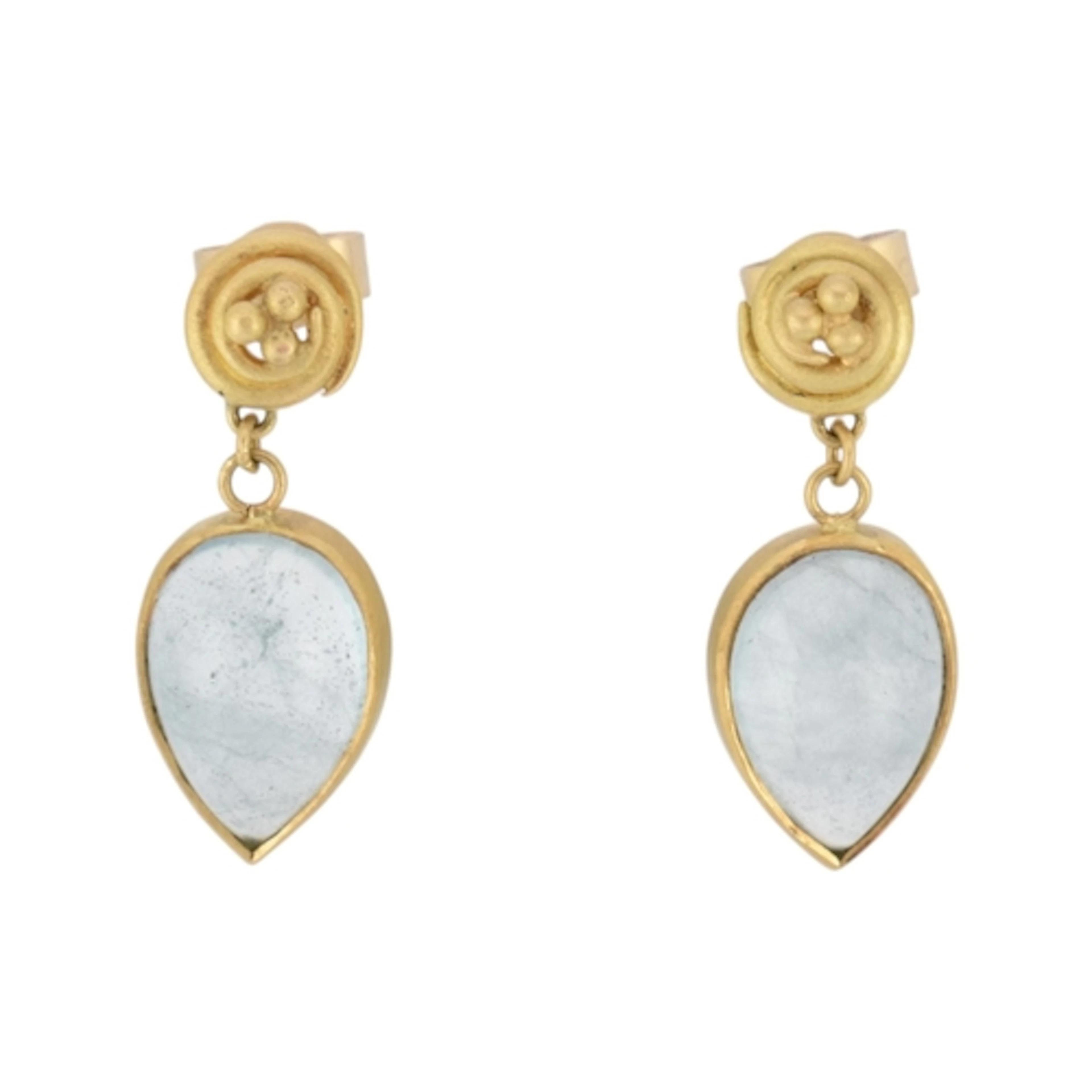 Lucy Martin - A pair of hallmarked 18ct gold aquamarine pend...