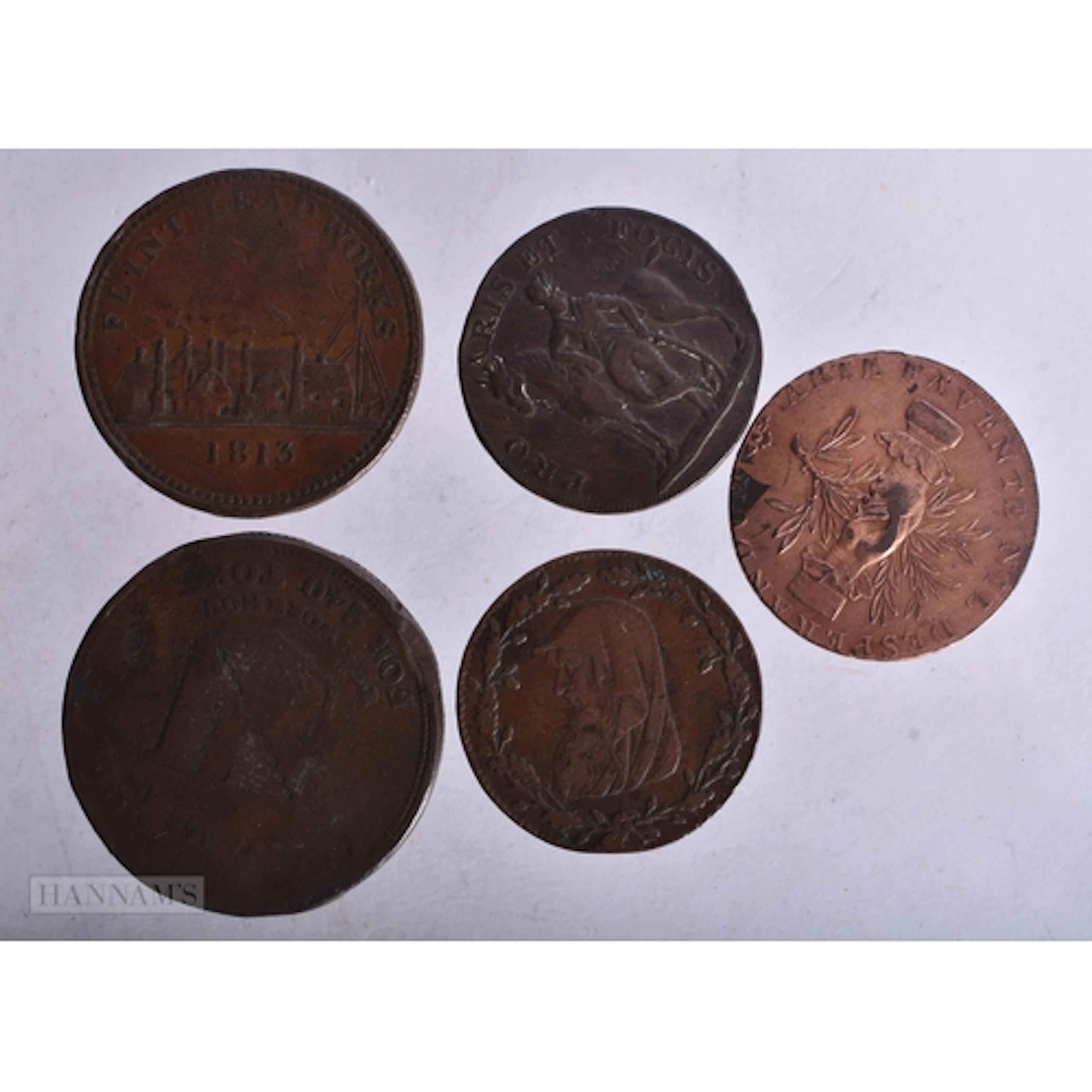 FIVE 18TH/19TH CENTURY COINS/TOKENS including an Anglesey mi...