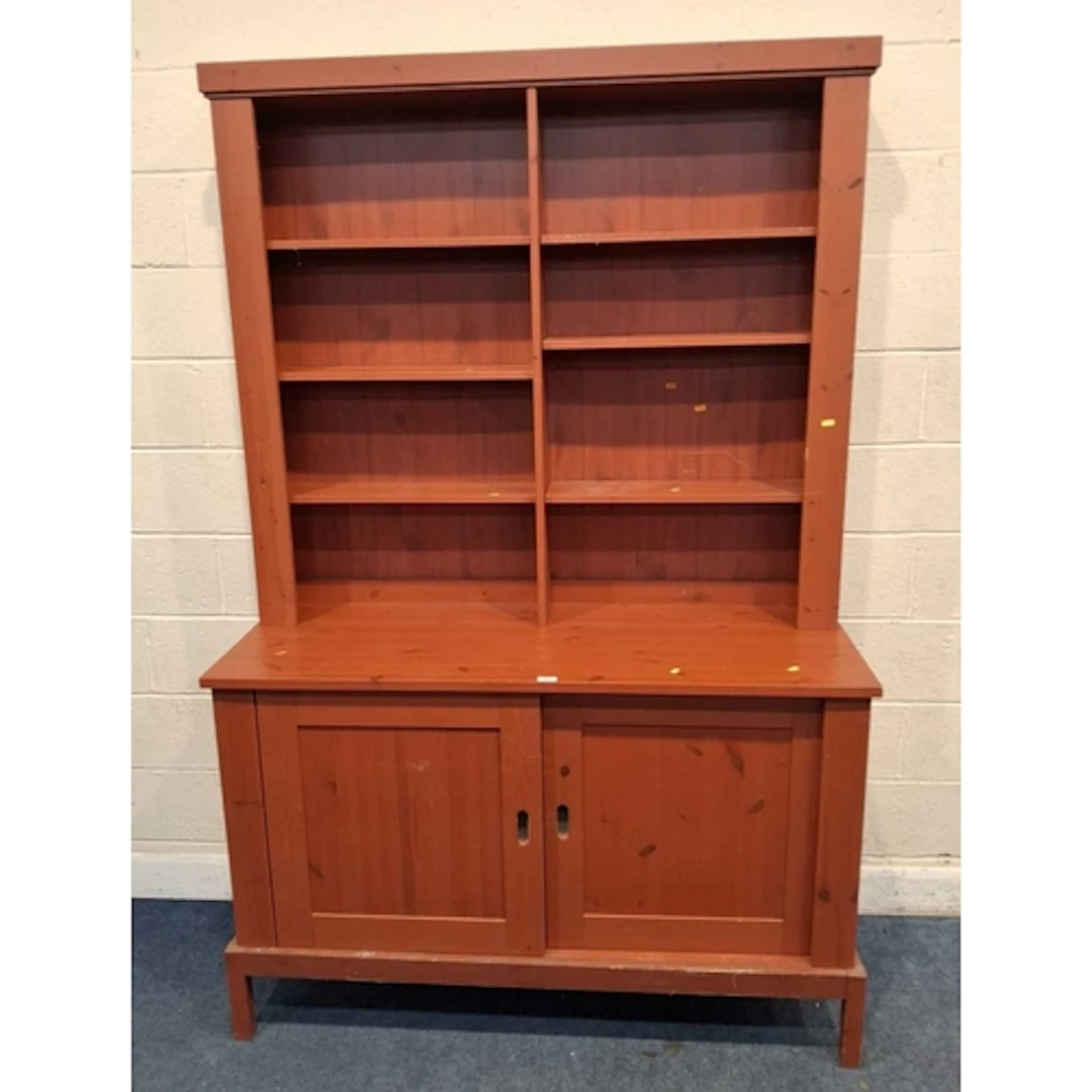 A MODERN RED PAINTED PINE EFFECT DRESSER, with six assorted ...