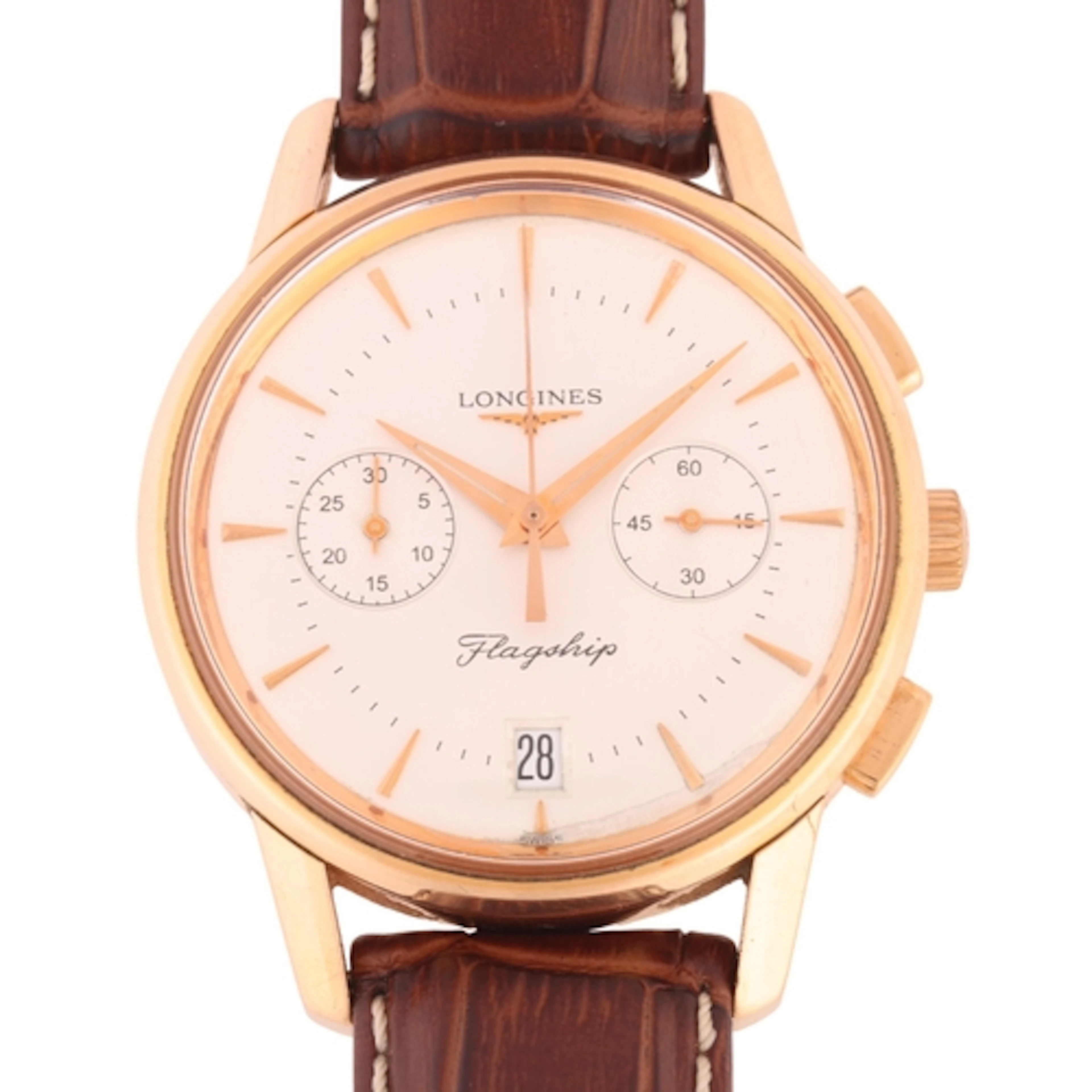 LONGINES - an 18ct pink gold Flagship Heritage automatic chr...