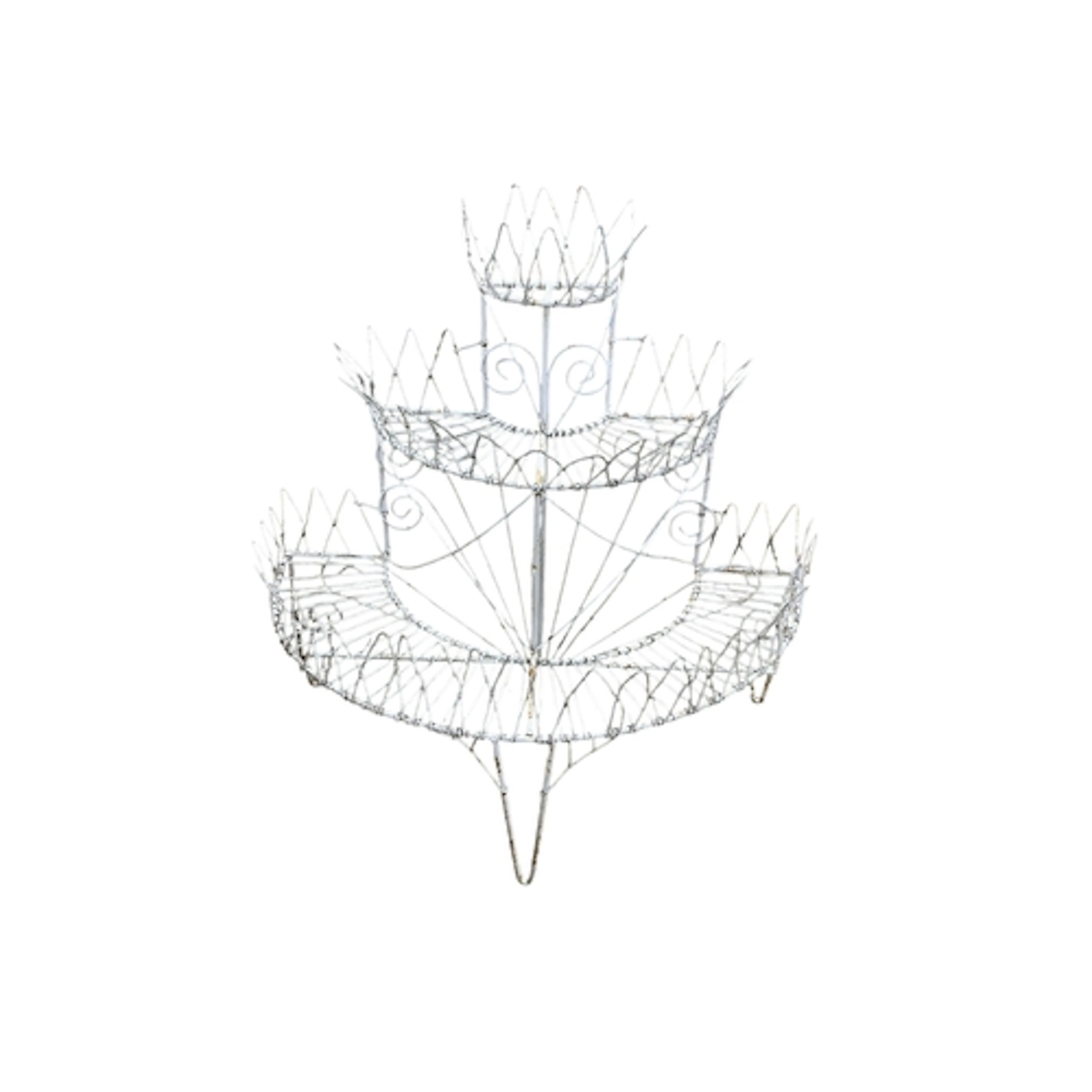 A painted wirework three tier bowfront pot stand, width 87cm...