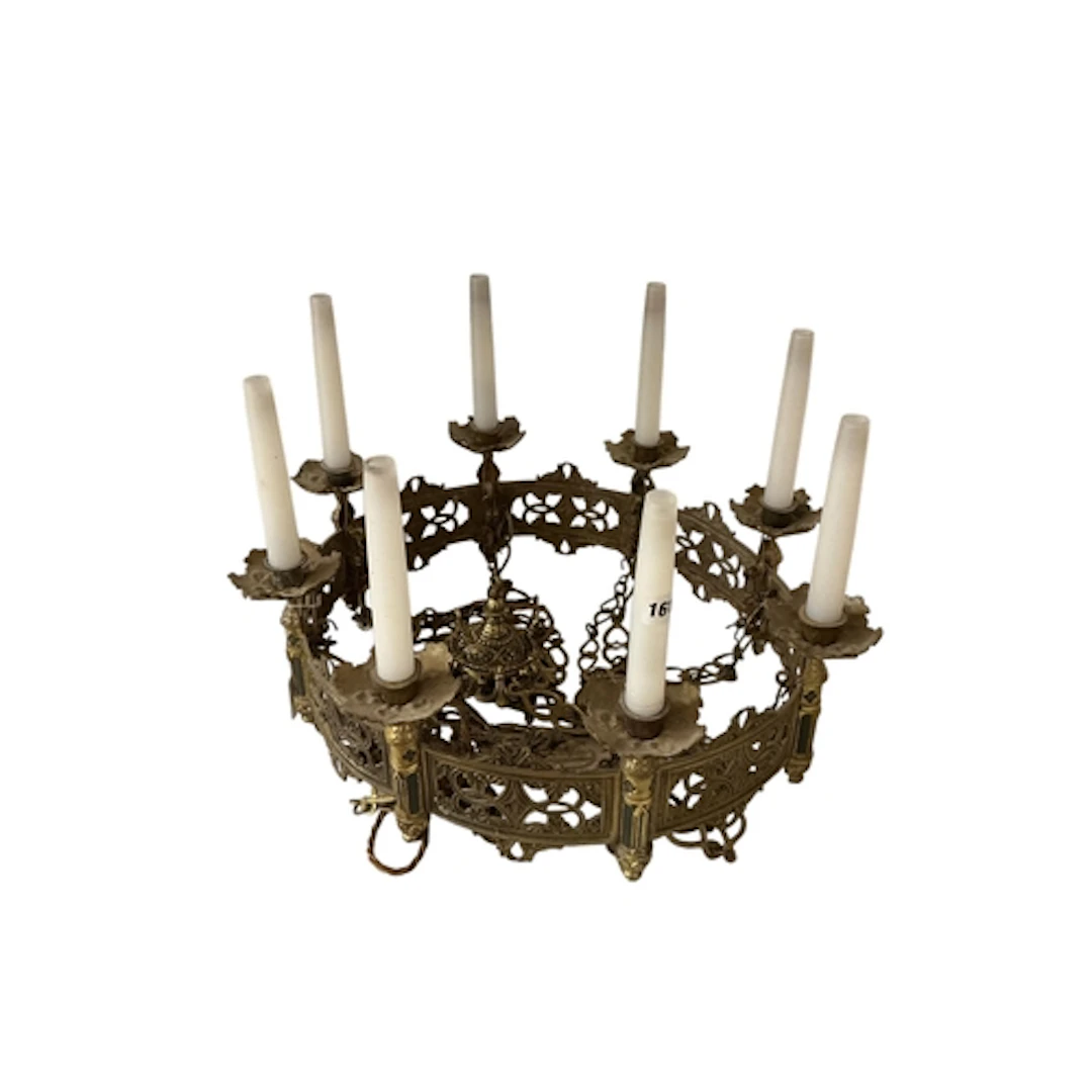 A Gothic revival ecclesiastical style eight branch brass ele...