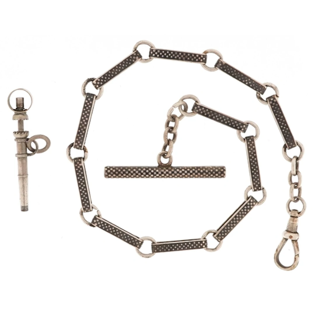 Antique unmarked silver niello work watch chain with T bar, ...