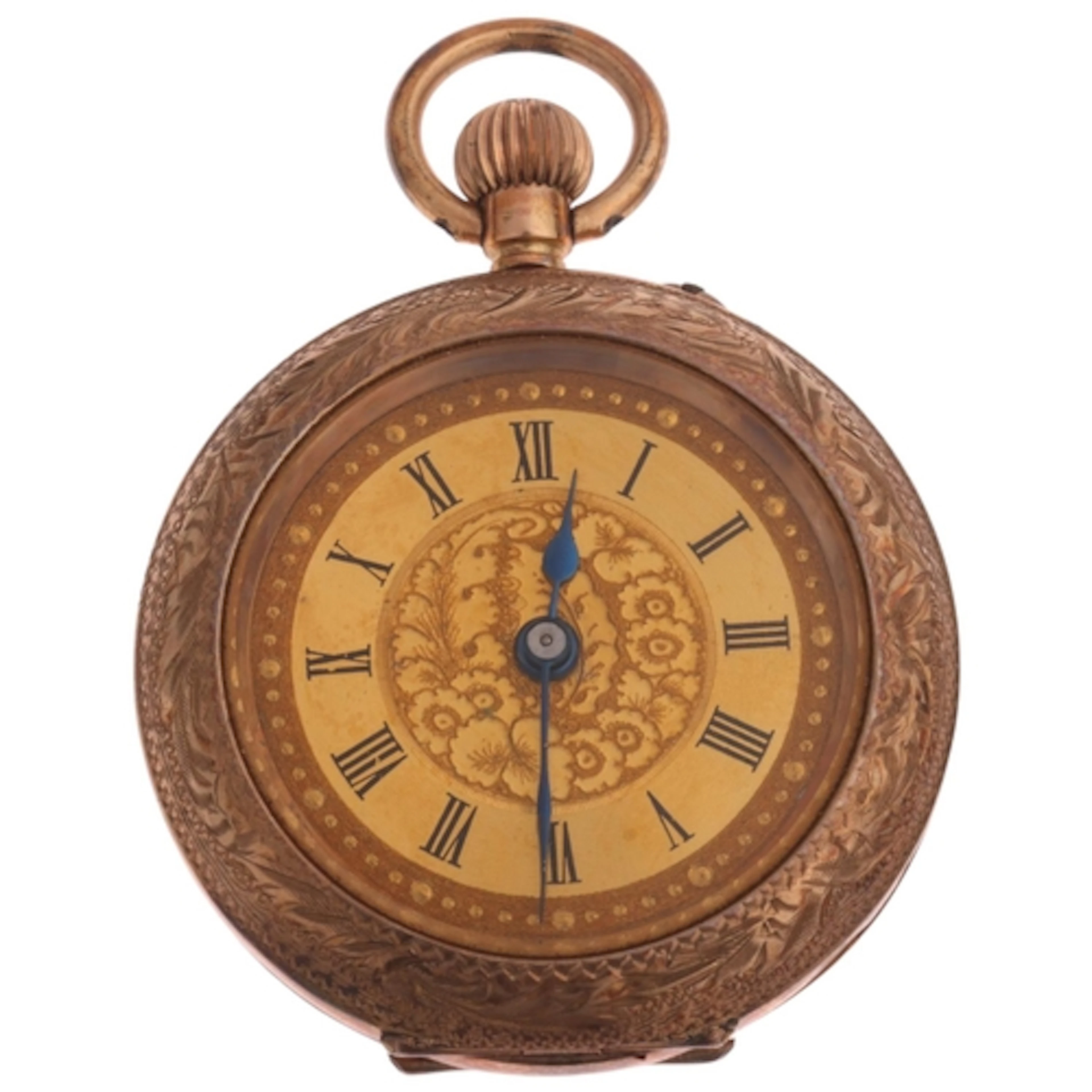 An Antique 9ct rose gold open-face keyless fob watch, gilt d...