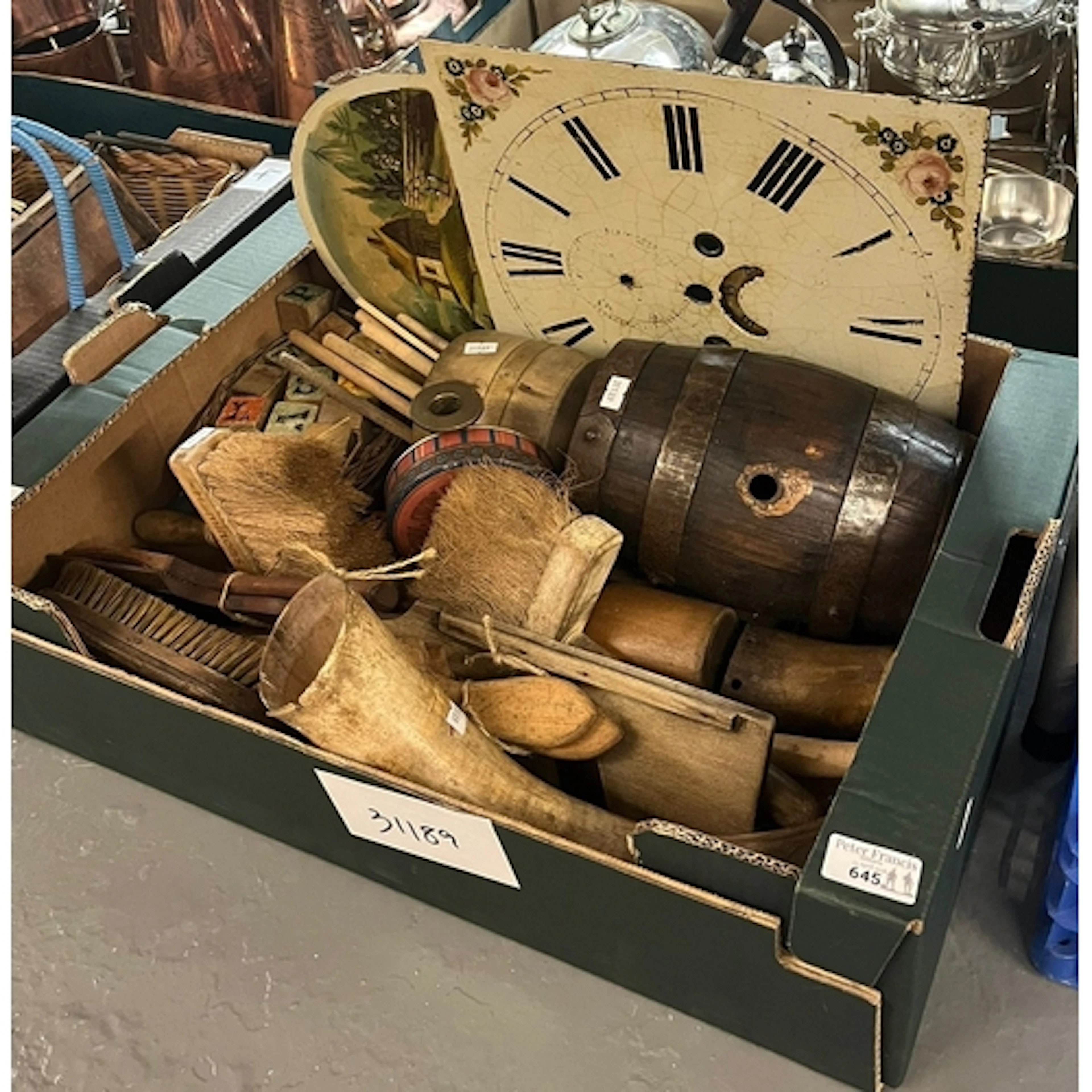Box of assorted treen and other items to include: butter pat...