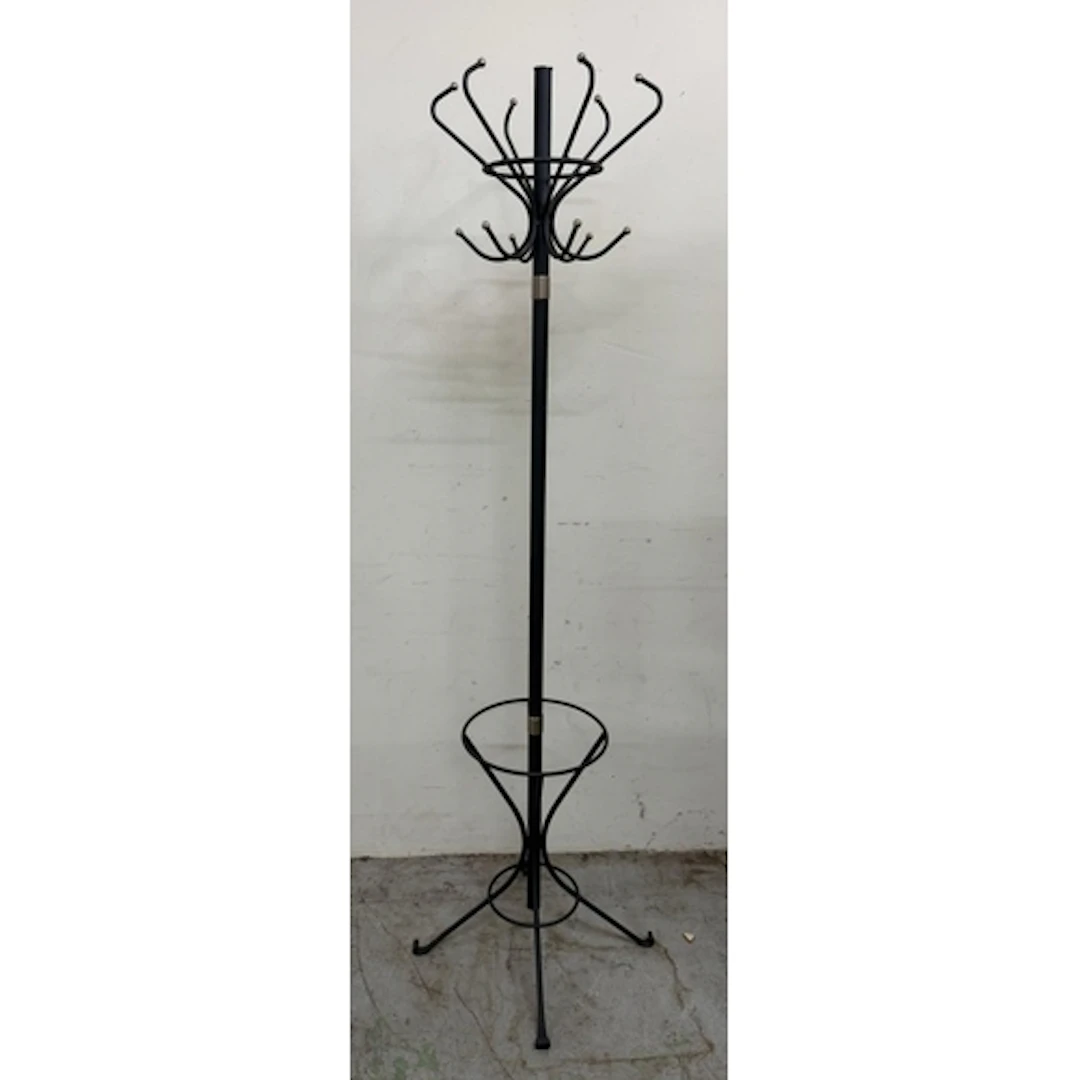 A metal free standing coat stand.