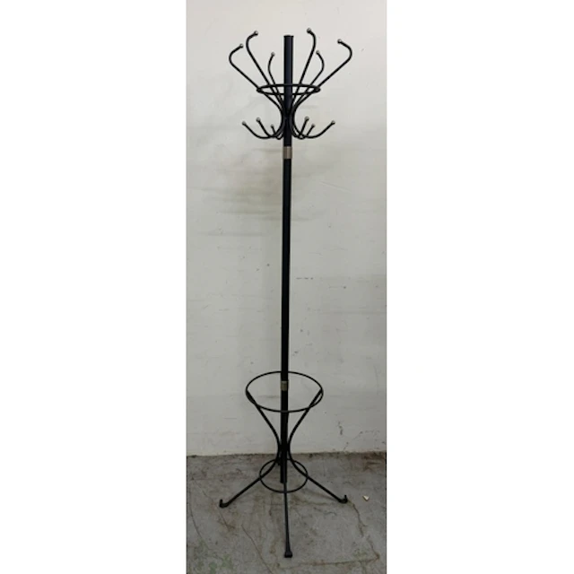 A metal free standing coat stand.