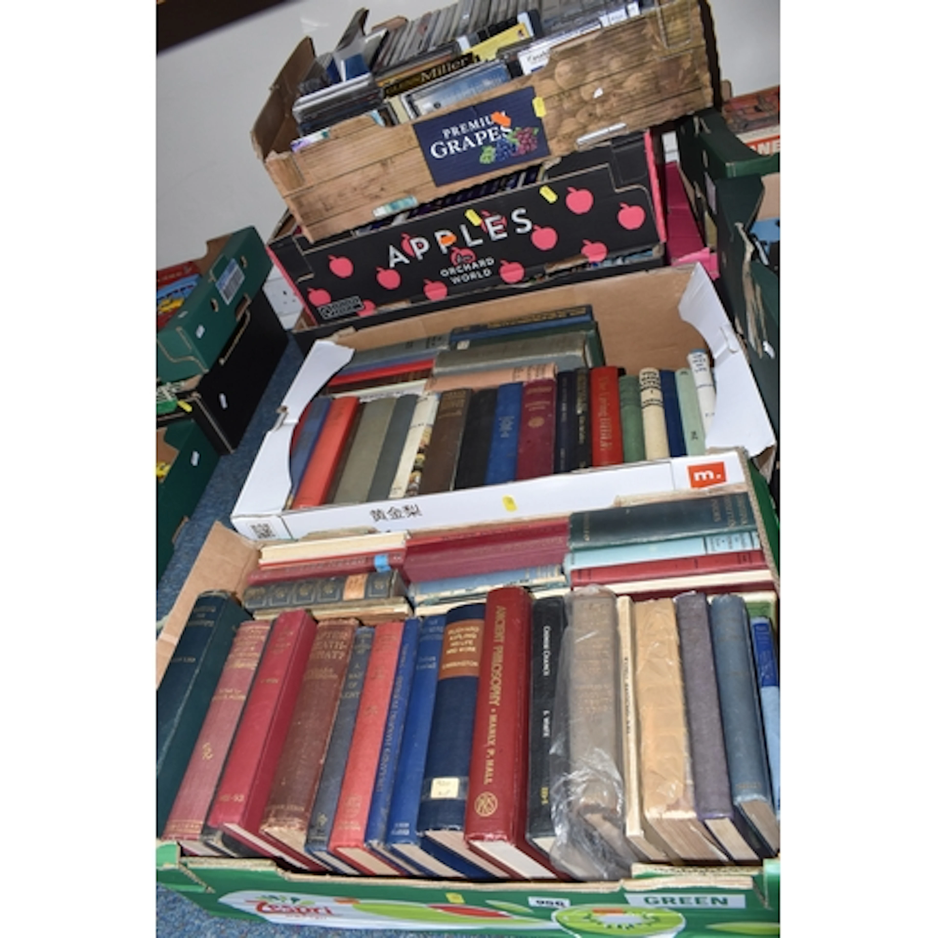 FIVE BOXES OF BOOKS, VHS TAPES AND DVDS to include subjects ...