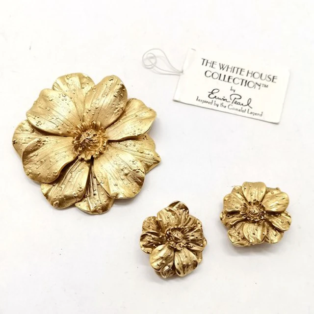 Erwin Pearl vintage gold tone flower brooch and matching pai...