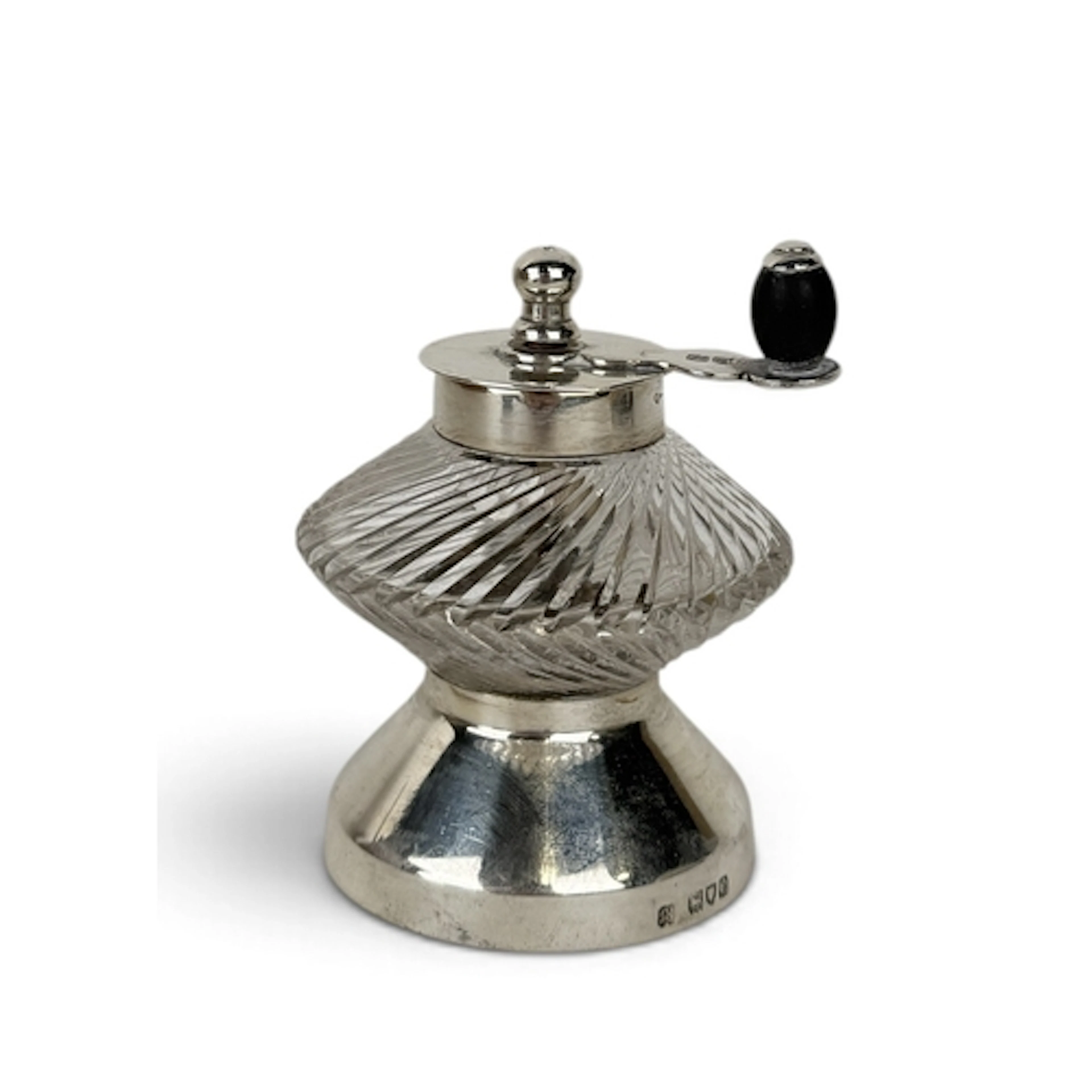 A LATE VICTORIAN SILVER MOUNTED CUT GLASS PEPPER GRINDER, LO...