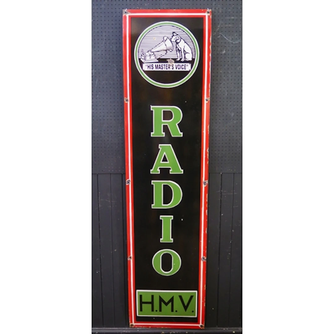 "His Master's Voice - Radio HMV" - an enamel advertising sig...