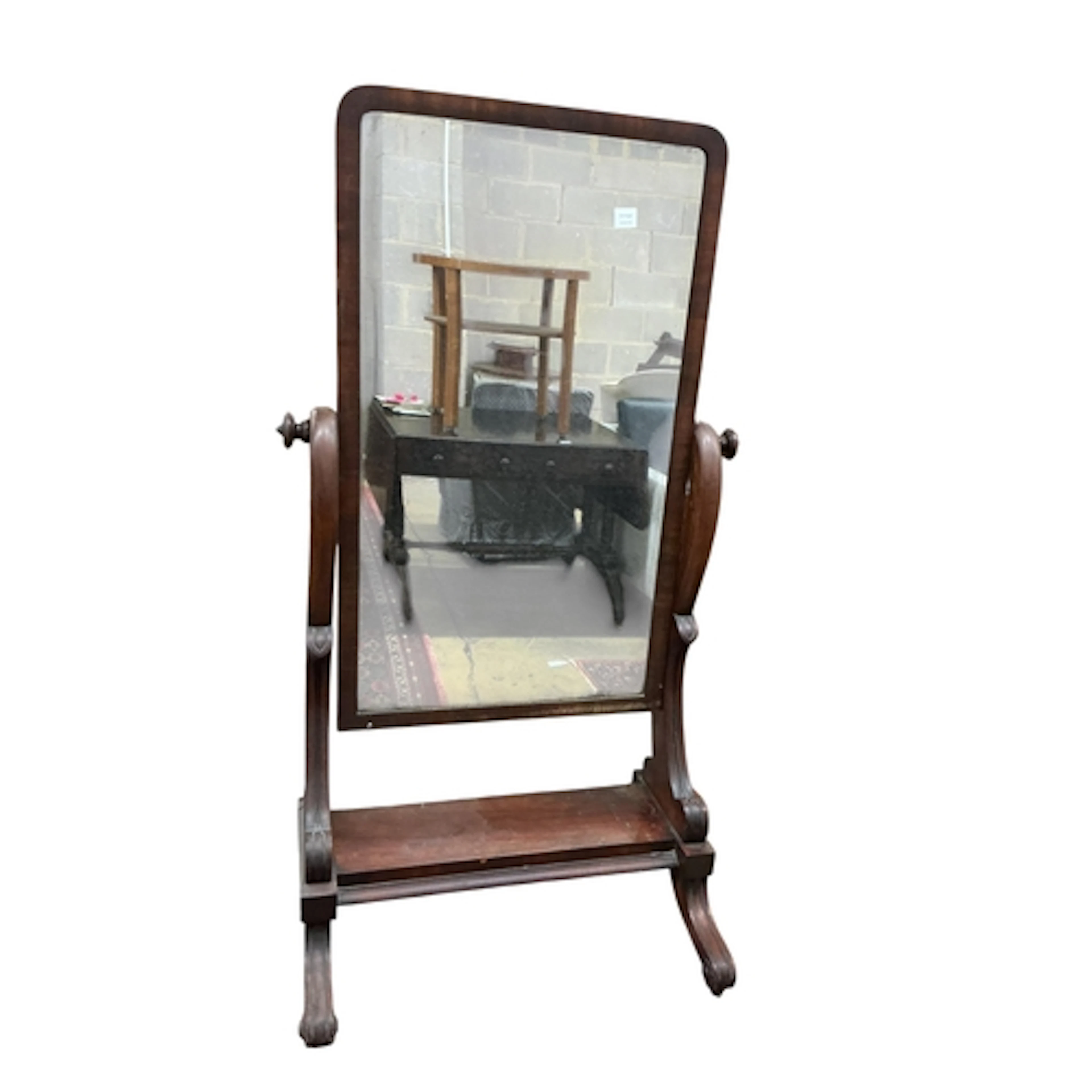 A Victorian mahogany cheval mirror, width 87cm, depth 62cm, ...