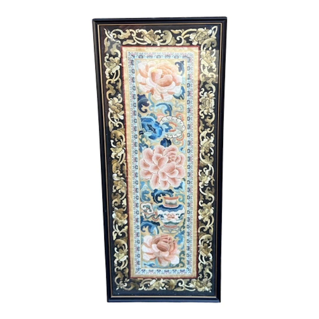 A CHINESE EMBRIODERED SILK MANDARIN SLEEVE PANEL, 19TH CENTU...
