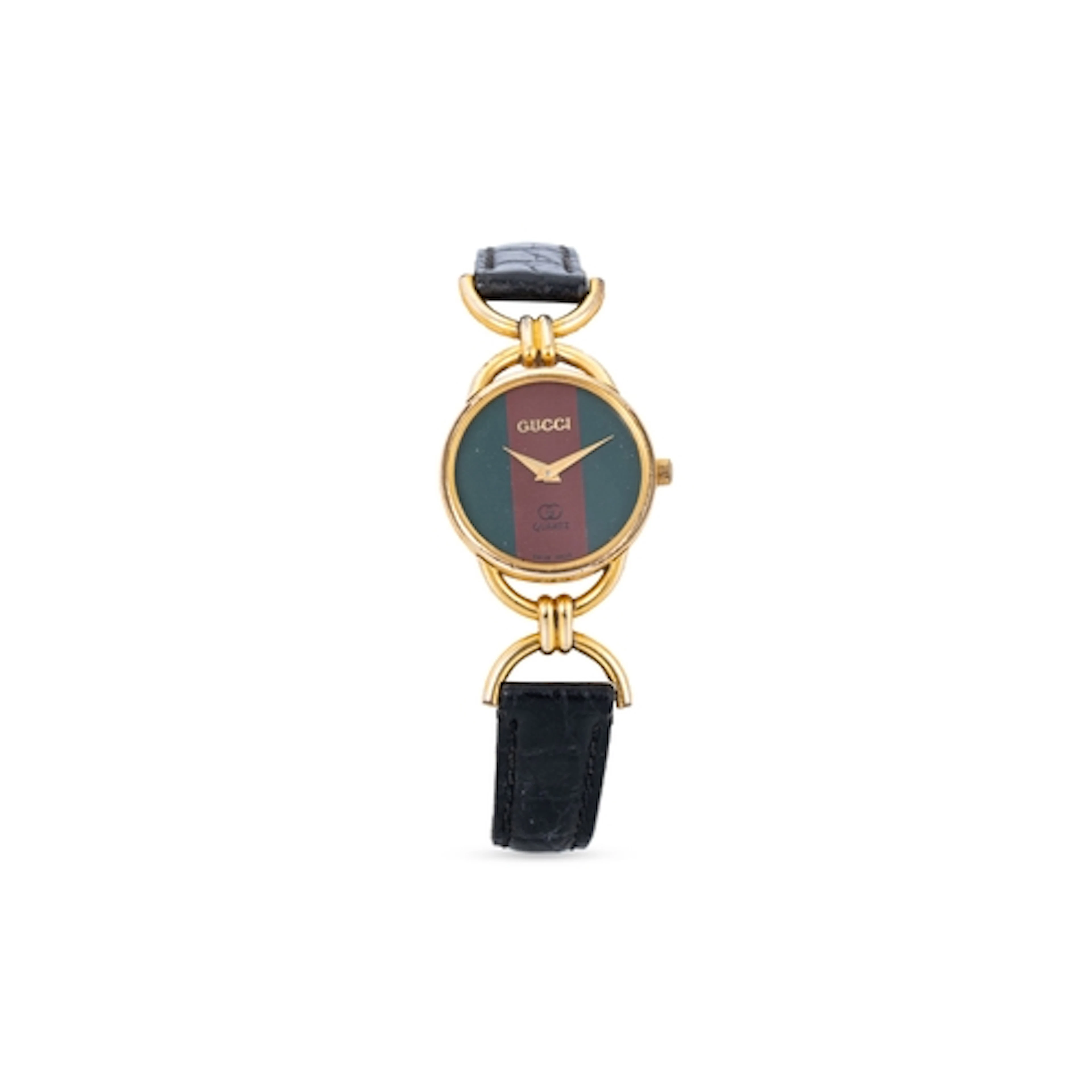 A GUCCI WRIST WATCH, striped face & black leather strap