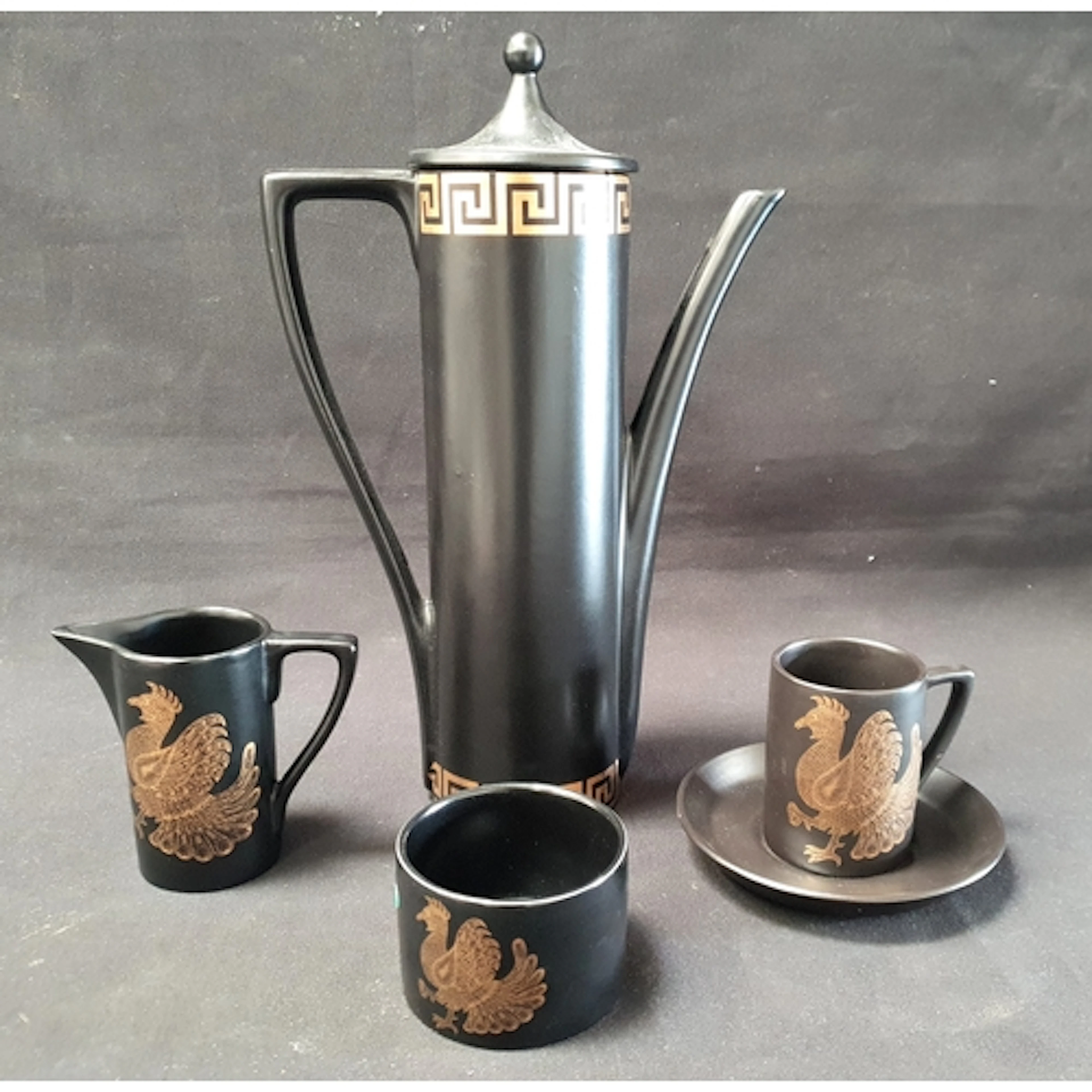 PORTMEIRION PHOENIX COFFEE SET featuring gilt bird on black ...