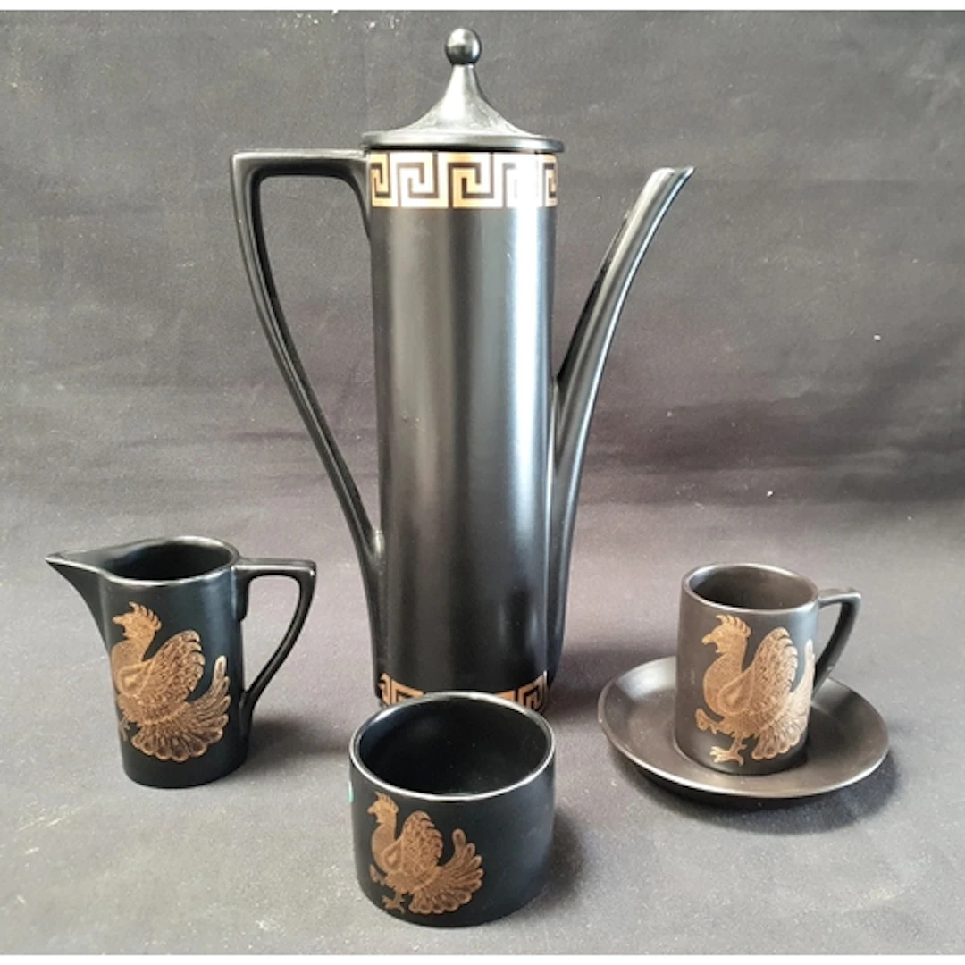 PORTMEIRION PHOENIX COFFEE SET featuring gilt bird on black ...