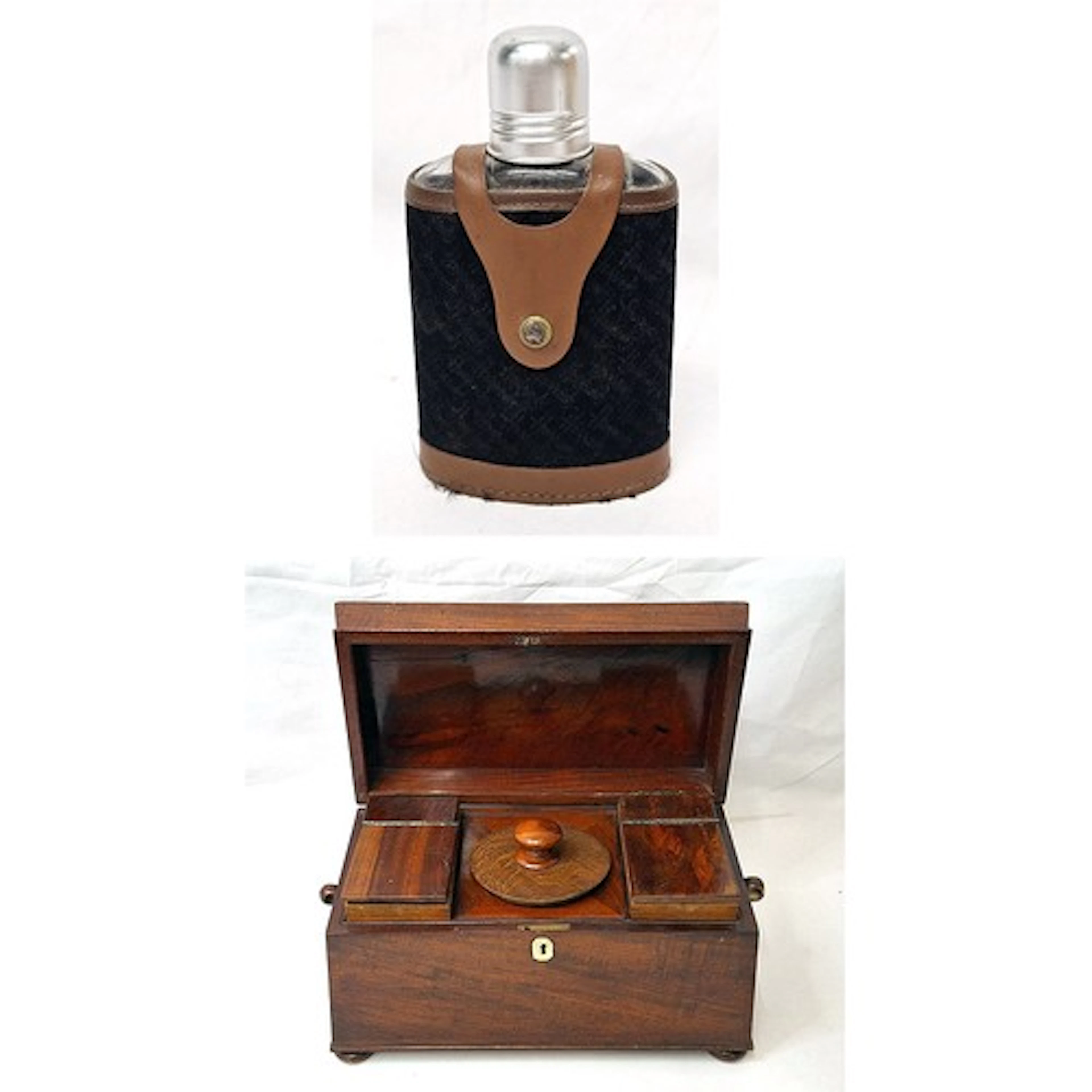 Harrods Hip Flask in black fabric & leatherette holder, appr...
