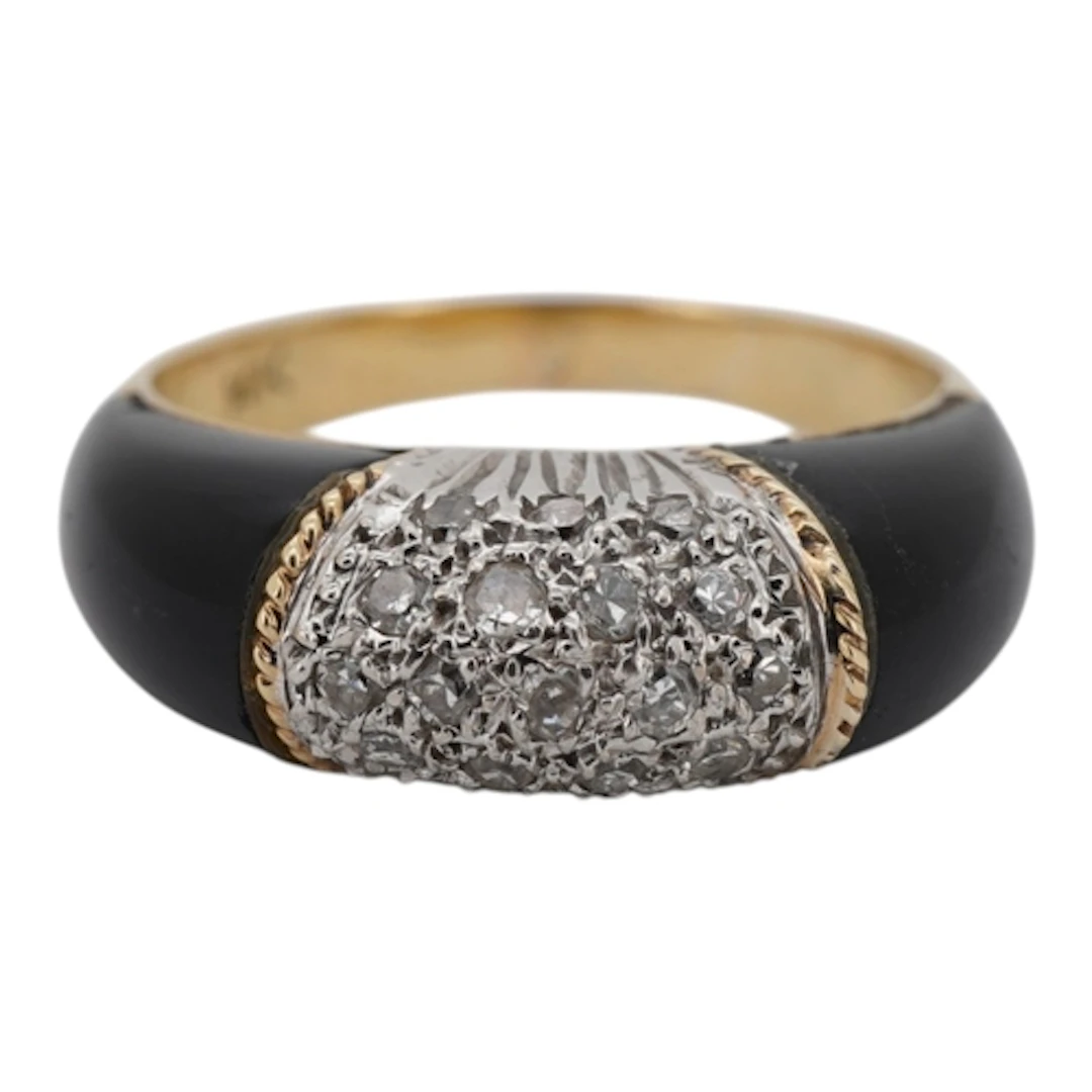 A recent 14k and pave set diamond band with black enamelled ...