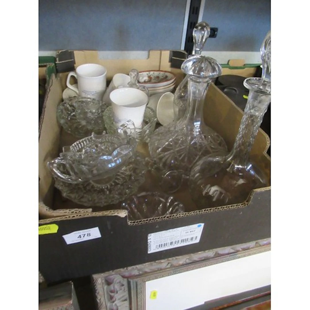 A box of sundries to include glass, Imari style china etc
