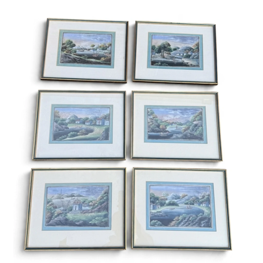 A SET OF SIX EARLY 19TH CENTURY CHINESE PITH PAINTINGS Eac...