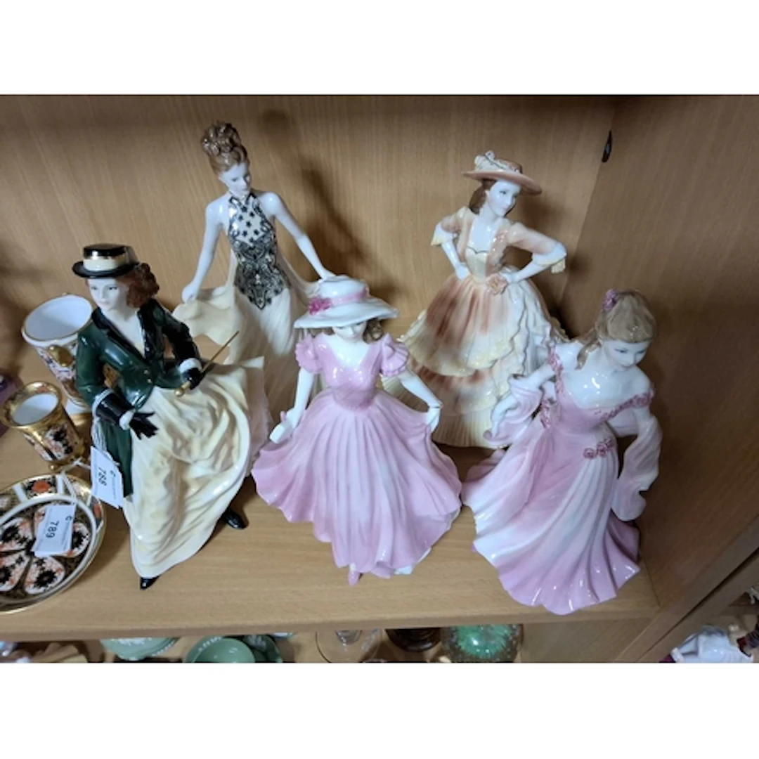 FIVE FINE BONE CHINA LADY FIGURINES BY ROYAL WORCESTER, comp...