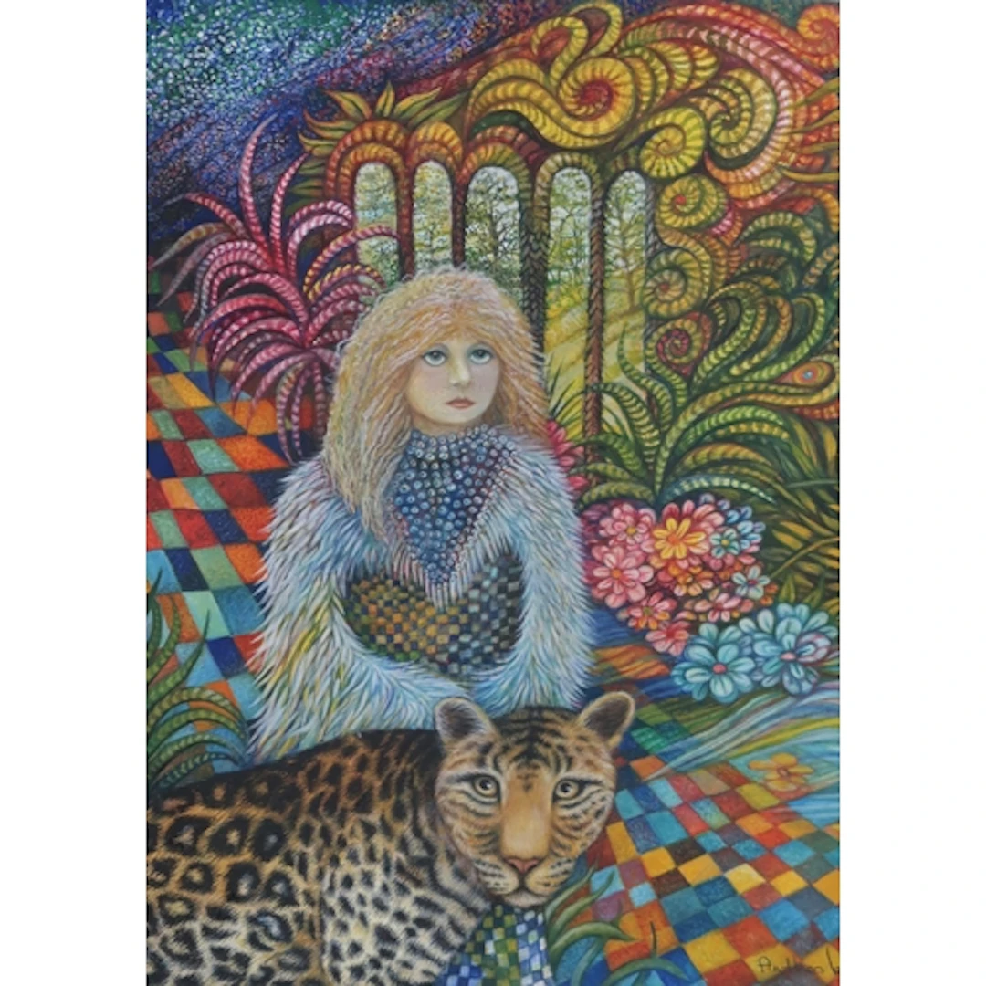 ANTHEA LEWIS RSW (SCOTTISH b.1948) GIRL WITH LEOPARD &...