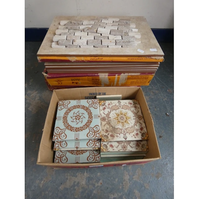 Collection of fireplace tiles, some Victorian-style, floor t...