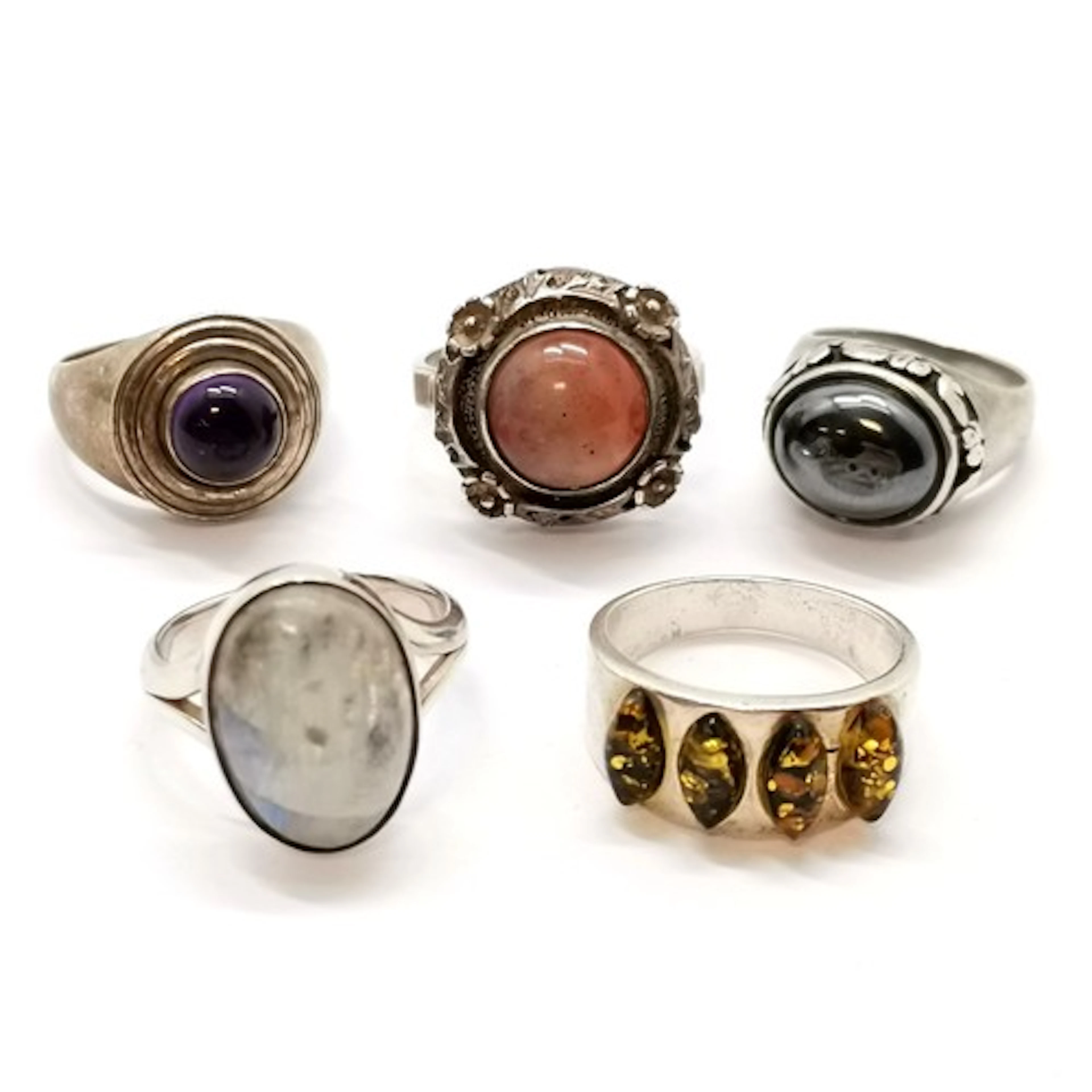 5 x silver rings inc hematite with elephant detail, amethyst...