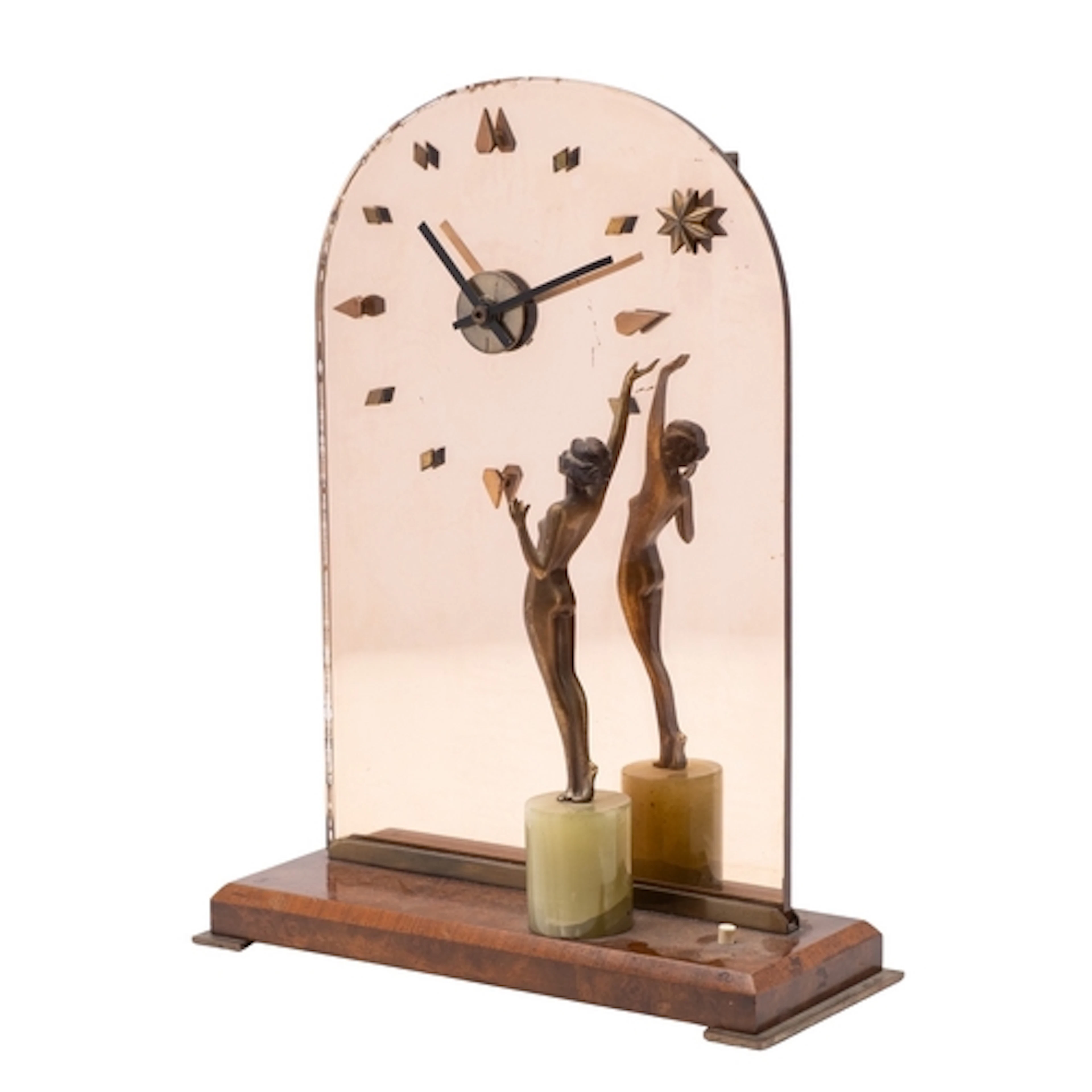 A Continental mirrored glass and walnut mounted mantel clock...